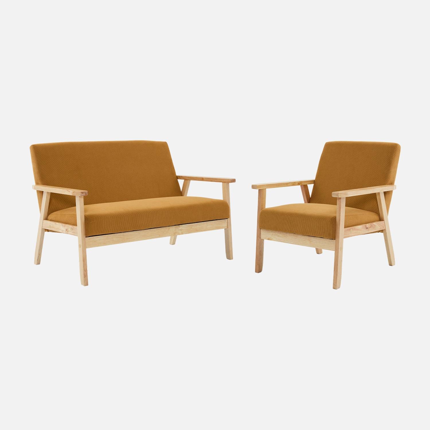 Sofá de 2 plazas y sillón de pana con patas de madera, Mostaza