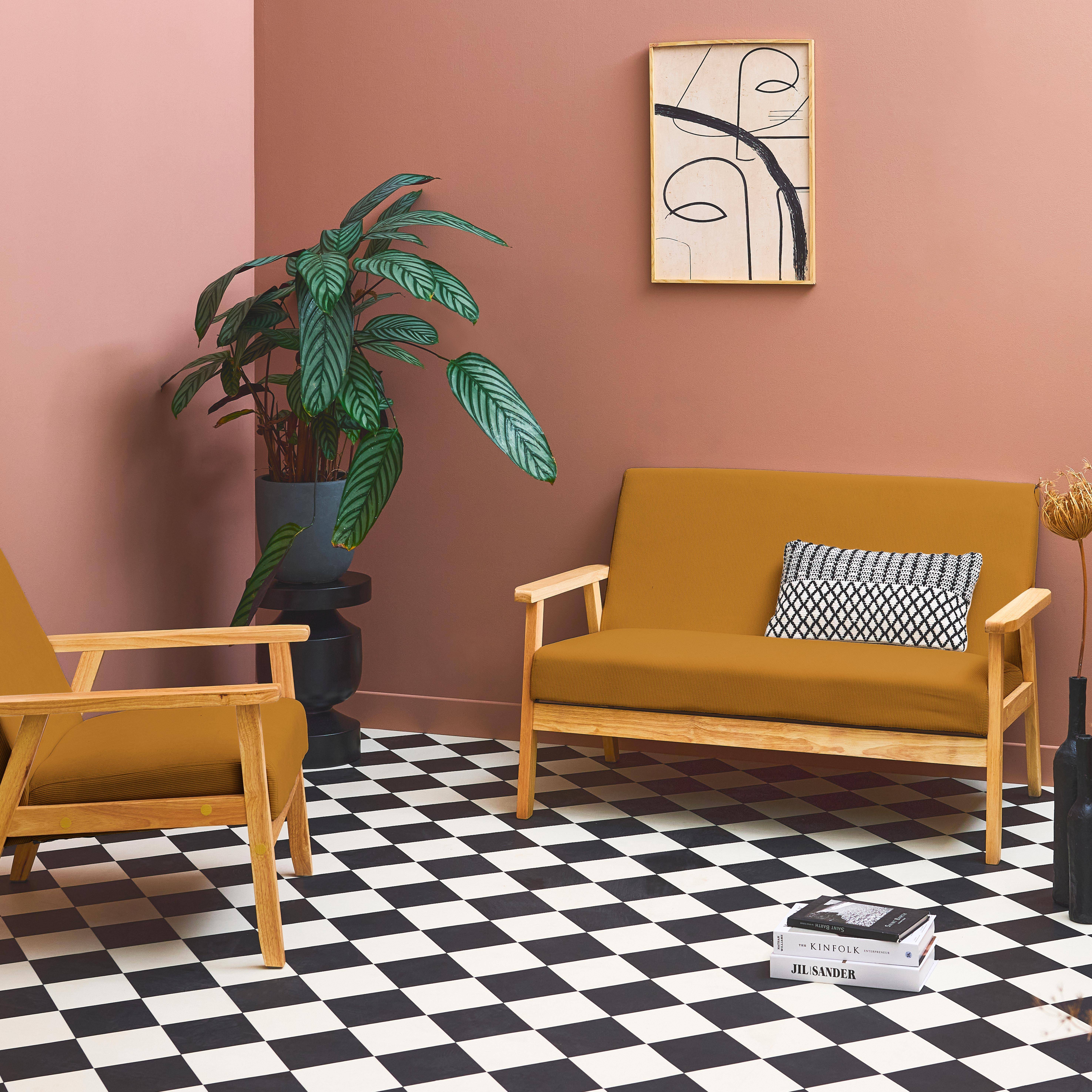 Divanetto a posti con panca e poltrona in velluto a coste, Mostarda