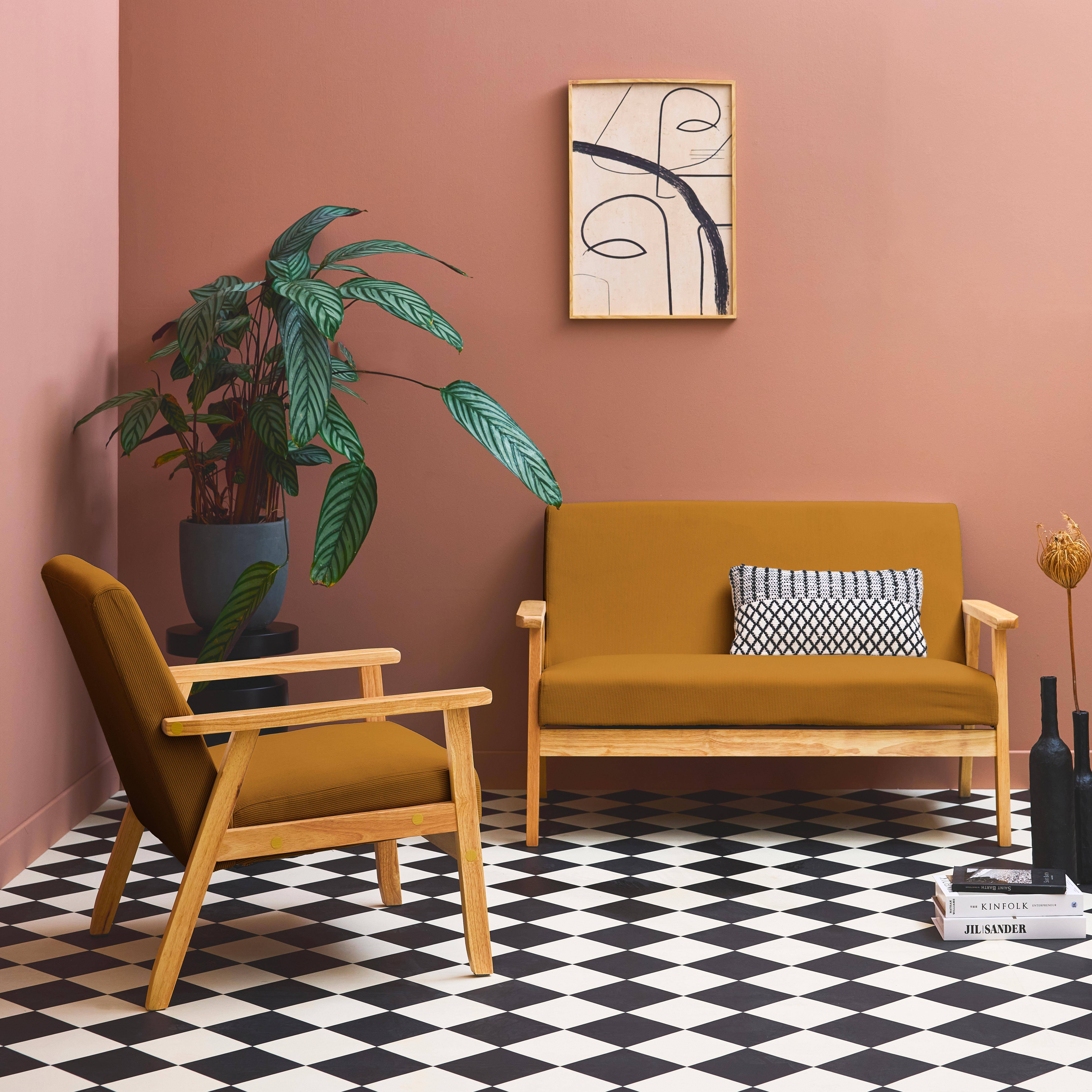 Sofá de 2 plazas y sillón de pana con patas de madera, Isak pana, Mostaza, 231x97x75 cm Photo2