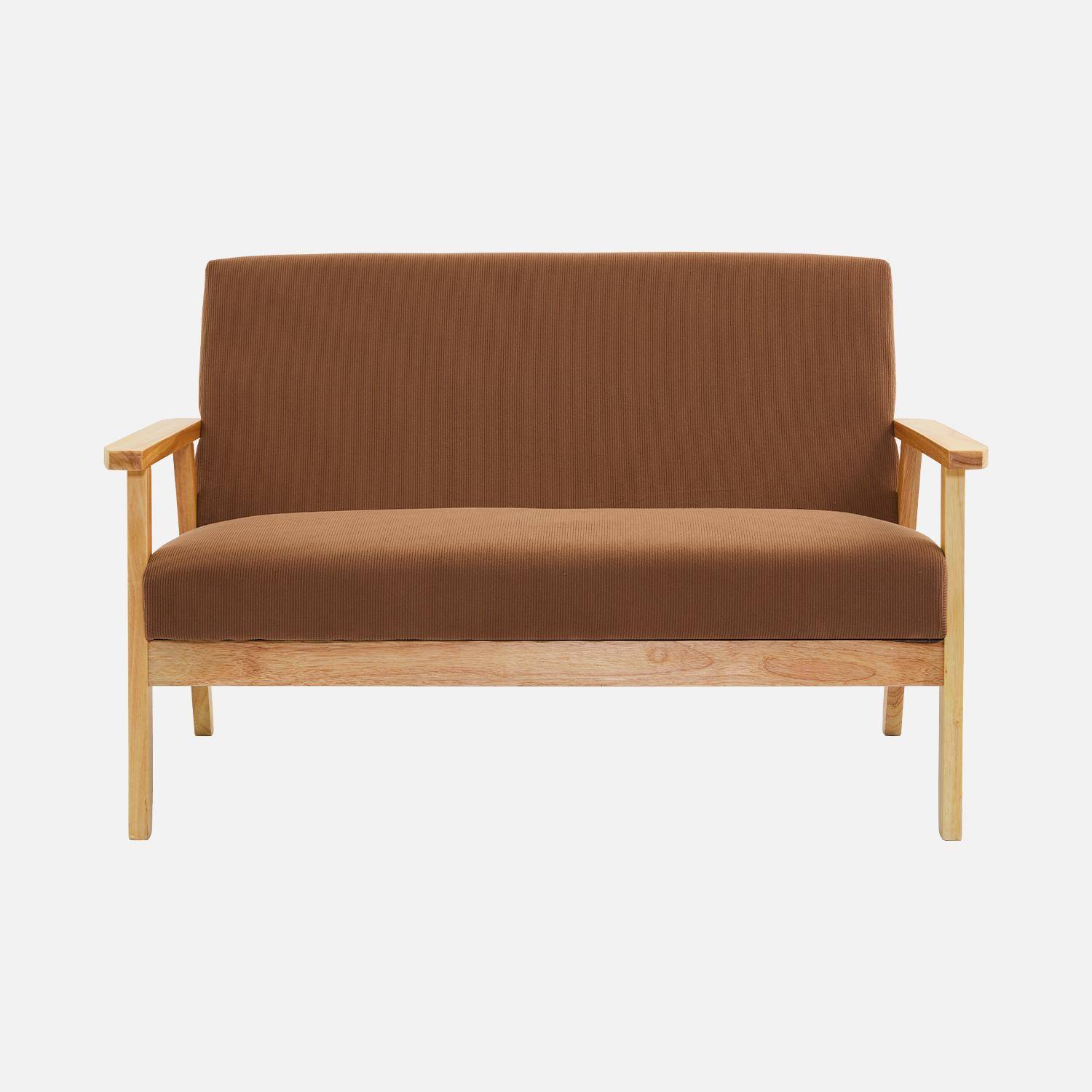 Sofá de 2 plazas y sillón de pana con patas de madera, Isak pana, Marrón, 130x79x69 cm Photo4