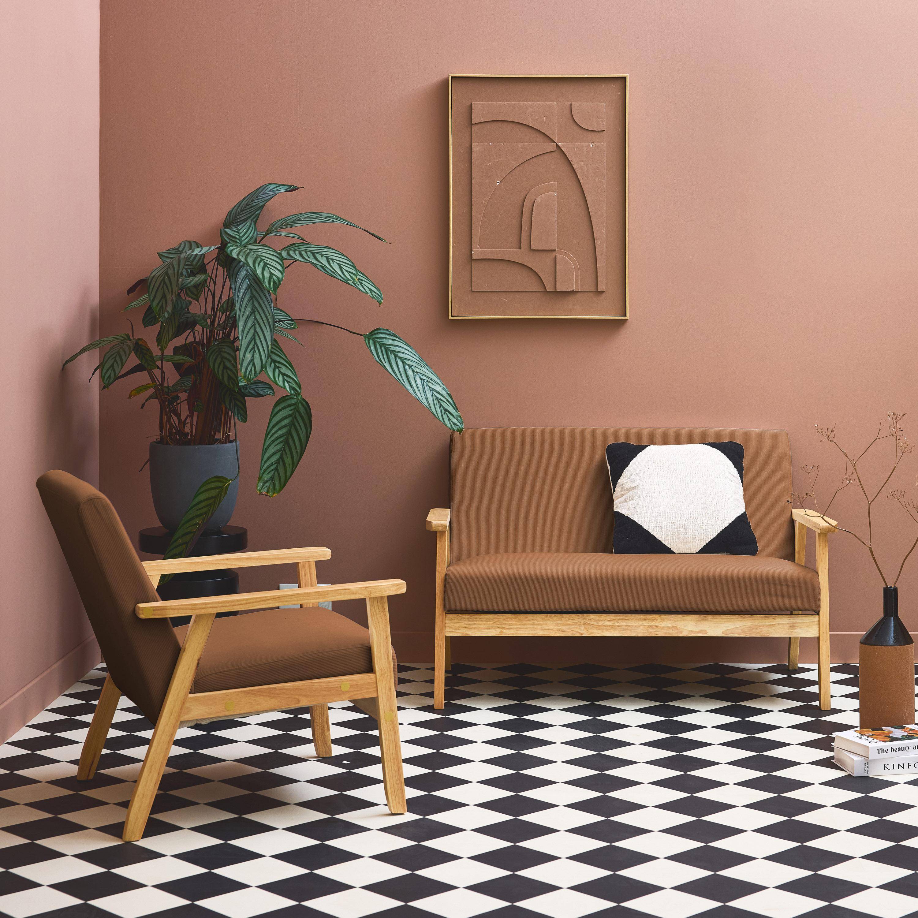 Sofá de 2 plazas y sillón de pana con patas de madera, Isak pana, Marrón, 130x79x69 cm,sweeek,Photo2