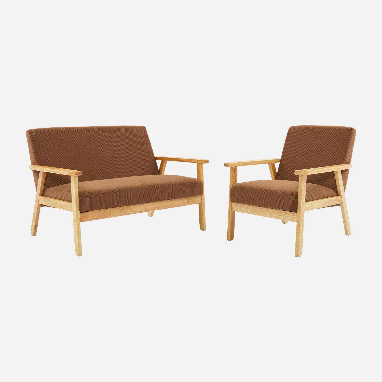 Sofá de 2 plazas y sillón de pana con patas de madera, Isak pana, Marrón, 130x79x69 cm Photo3