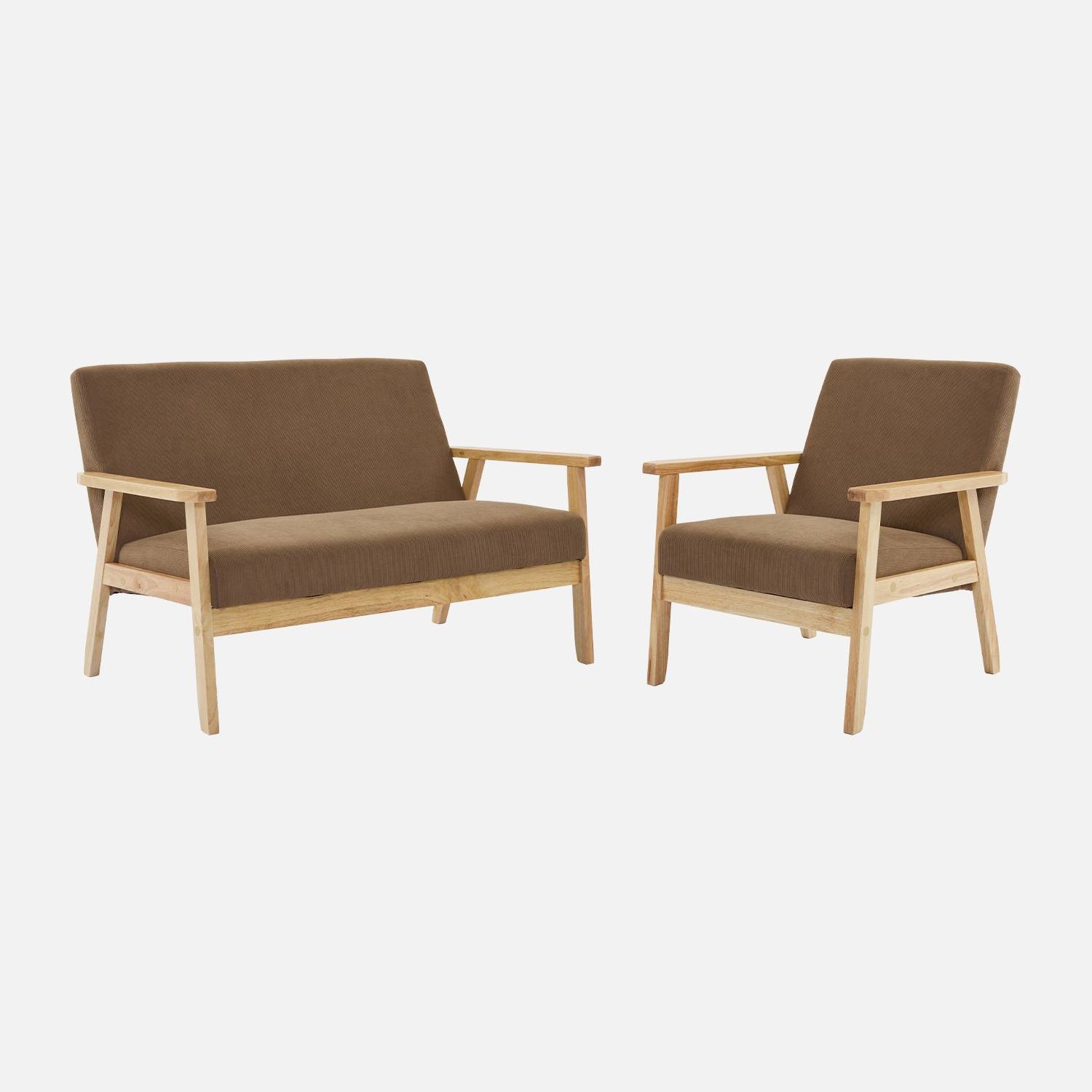 Sofá de 2 plazas y sillón de pana con patas de madera, Pardo