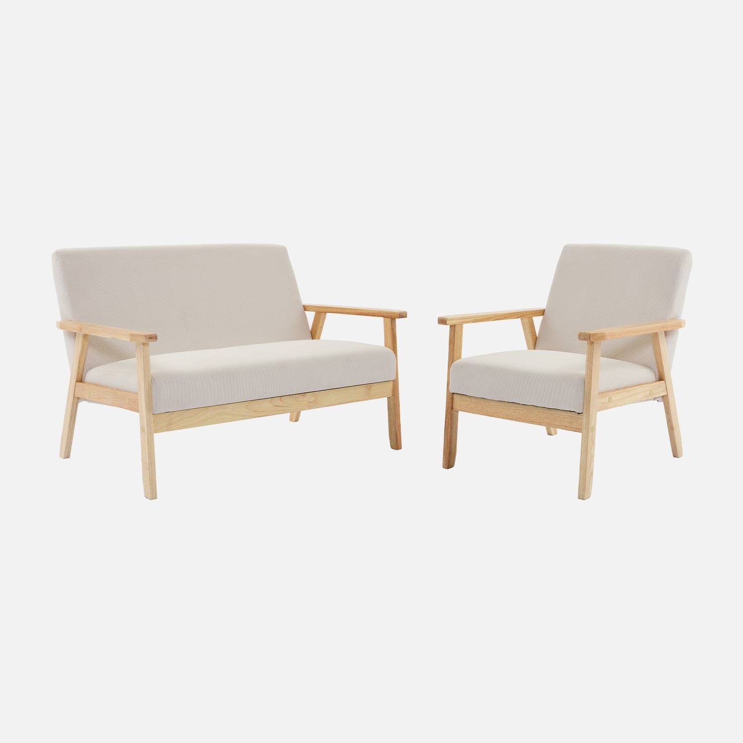 Sofá de 2 plazas y sillón de pana con patas de madera, Crema