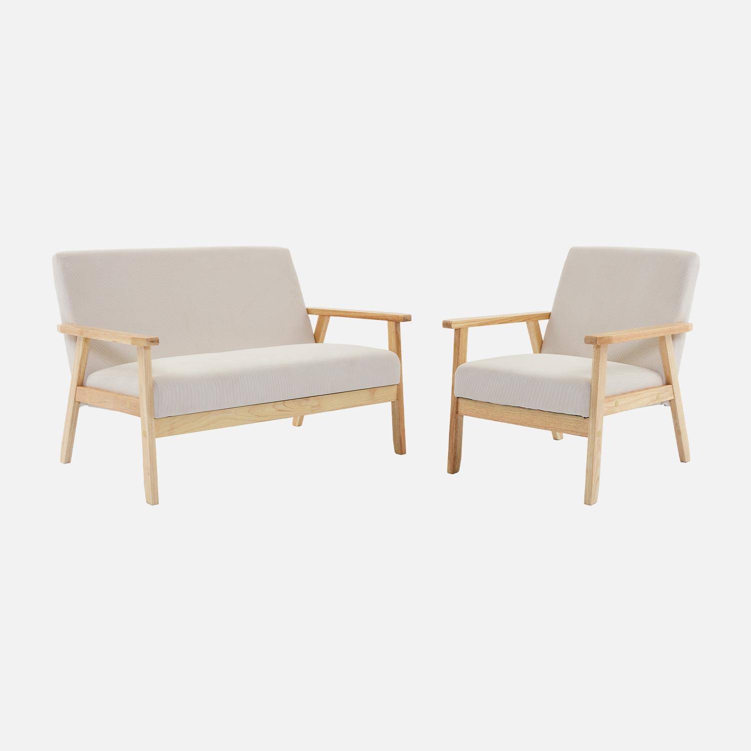 Canapé banquette 2 places + Fauteuil velours côtelé, pieds bois, crème,sweeek,Photo5