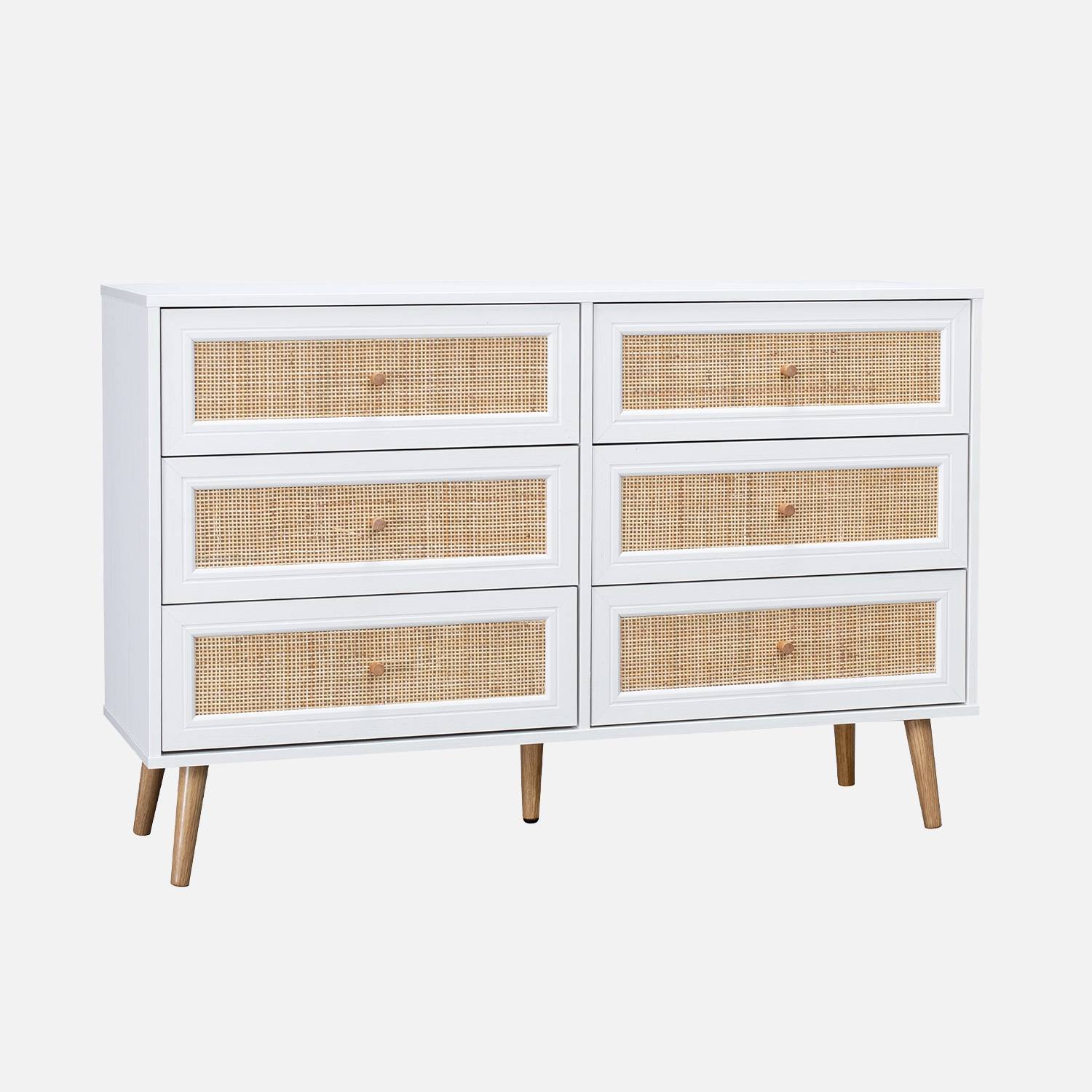 Cómoda de 6 cajones con efecto madera y caña, Blanco