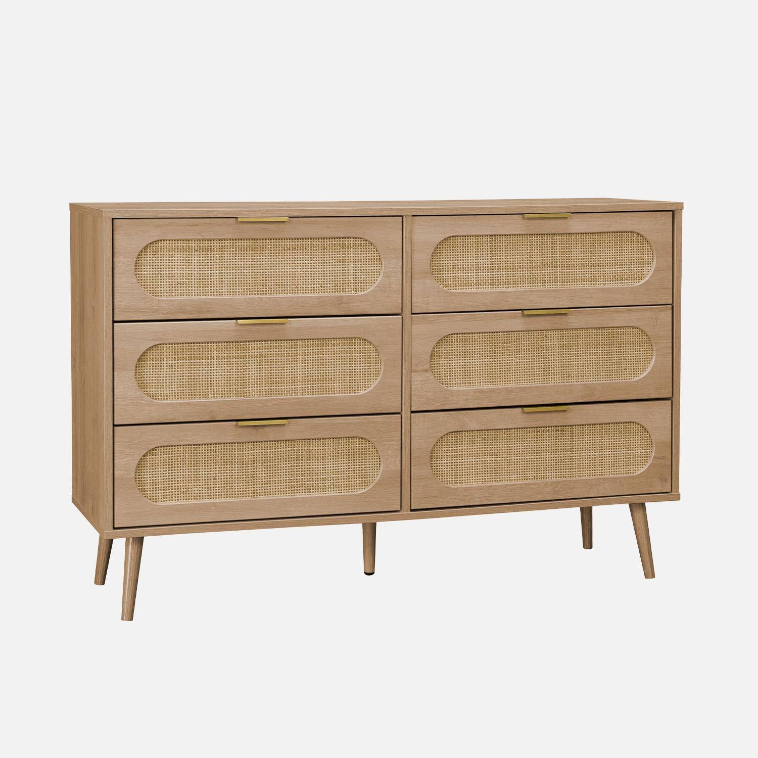Cassettiera in legno e canna arrotondata, 6 cassetti, Eva, Marrone naturale, 120x39x79 cm,sweeek,Photo3