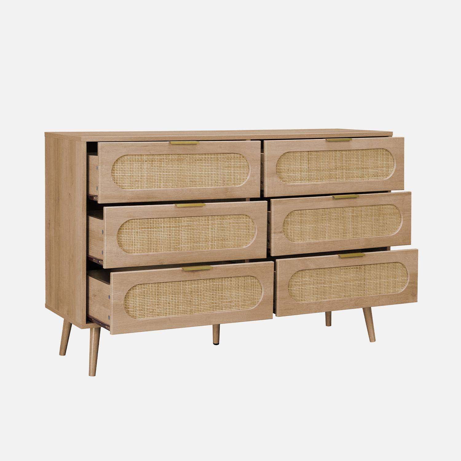 Cassettiera in legno e canna arrotondata, 6 cassetti, Eva, Marrone naturale, 120x39x79 cm Photo4