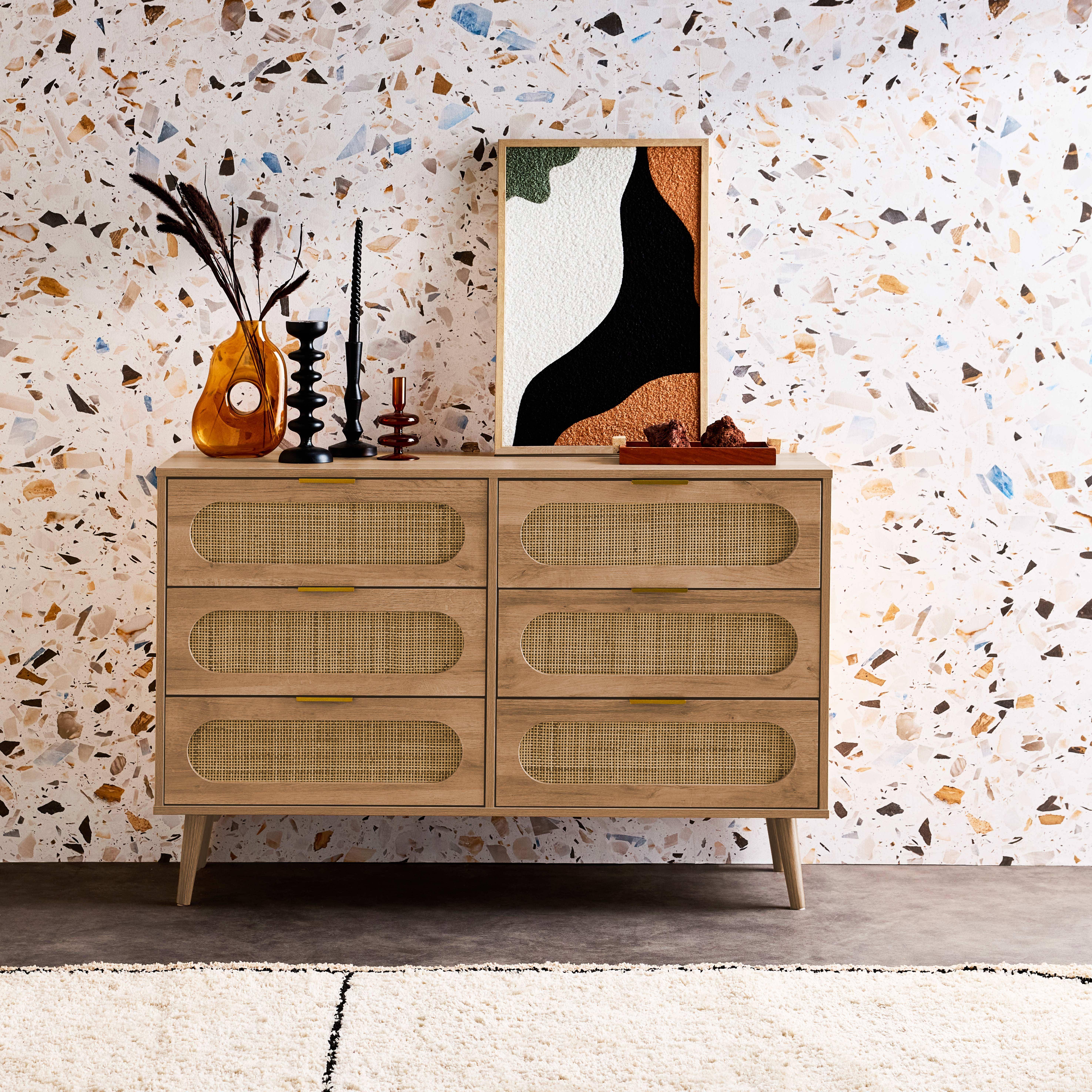 Cassettiera in legno e canna arrotondata, 6 cassetti, Eva, Marrone naturale, 120x39x79 cm Photo1