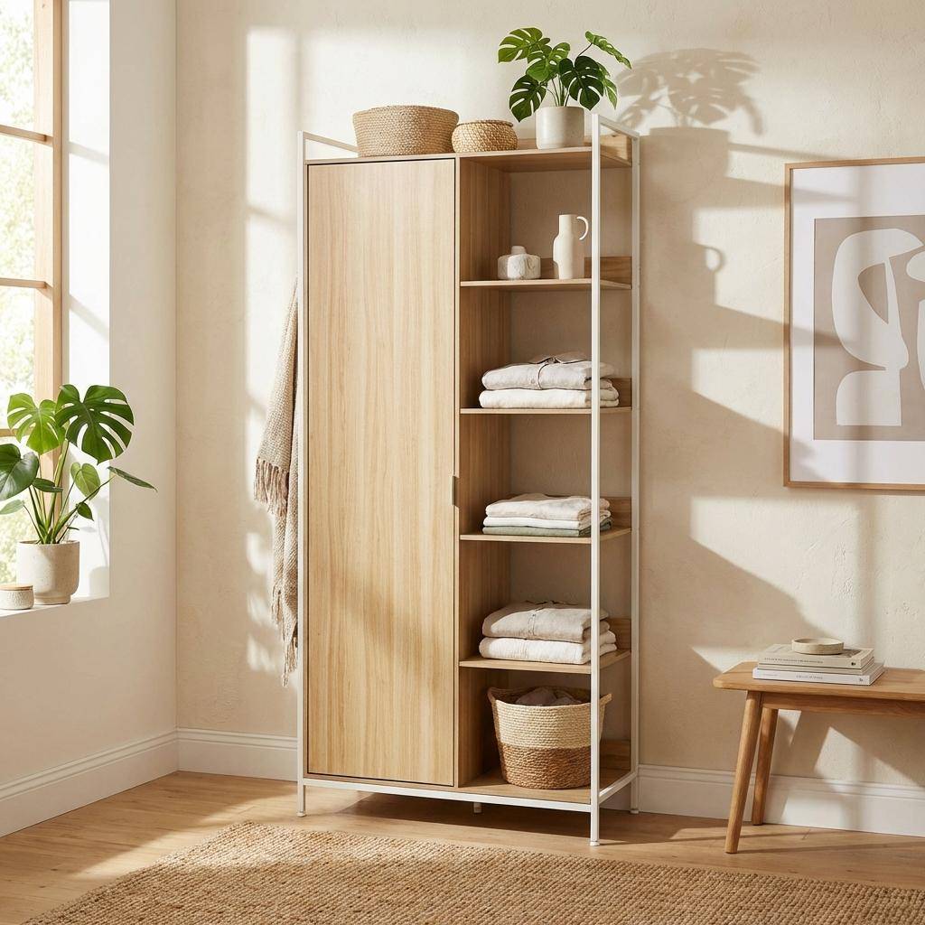 Witte kledingkast met 1 hangdeel, 6 legplanken en 1 deur, B 100 x D 48 x H 190 cm,sweeek,Photo1