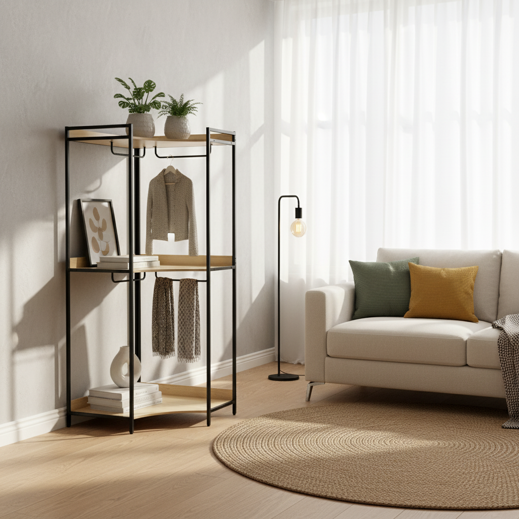 Czarna narożna szafa na ubrania z 4 wieszakami i 2 półkami, szer. 80 x gł. 80 x wys. 190 cm,sweeek,Photo1