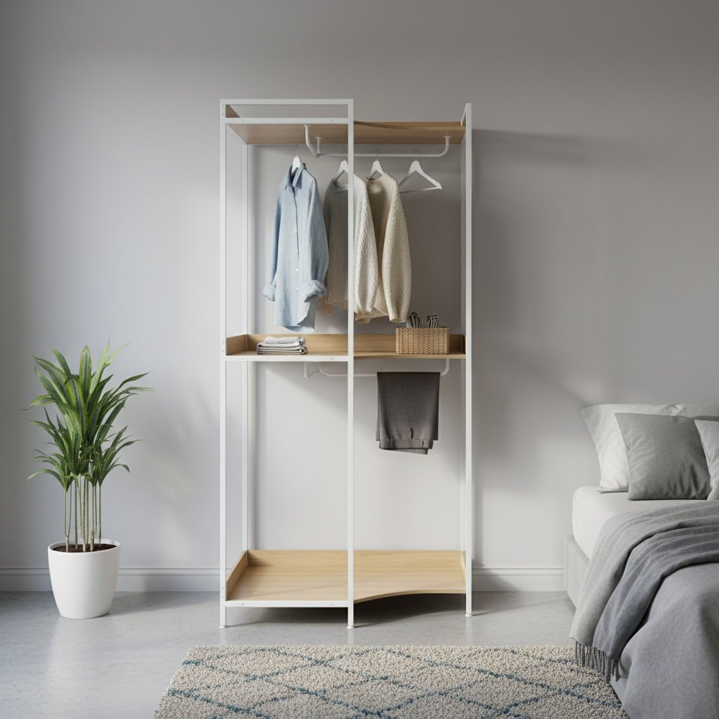 Biała narożna szafa na ubrania z 4 wieszakami i 2 półkami, szer. 80 x gł. 80 x wys. 190 cm,sweeek,Photo1