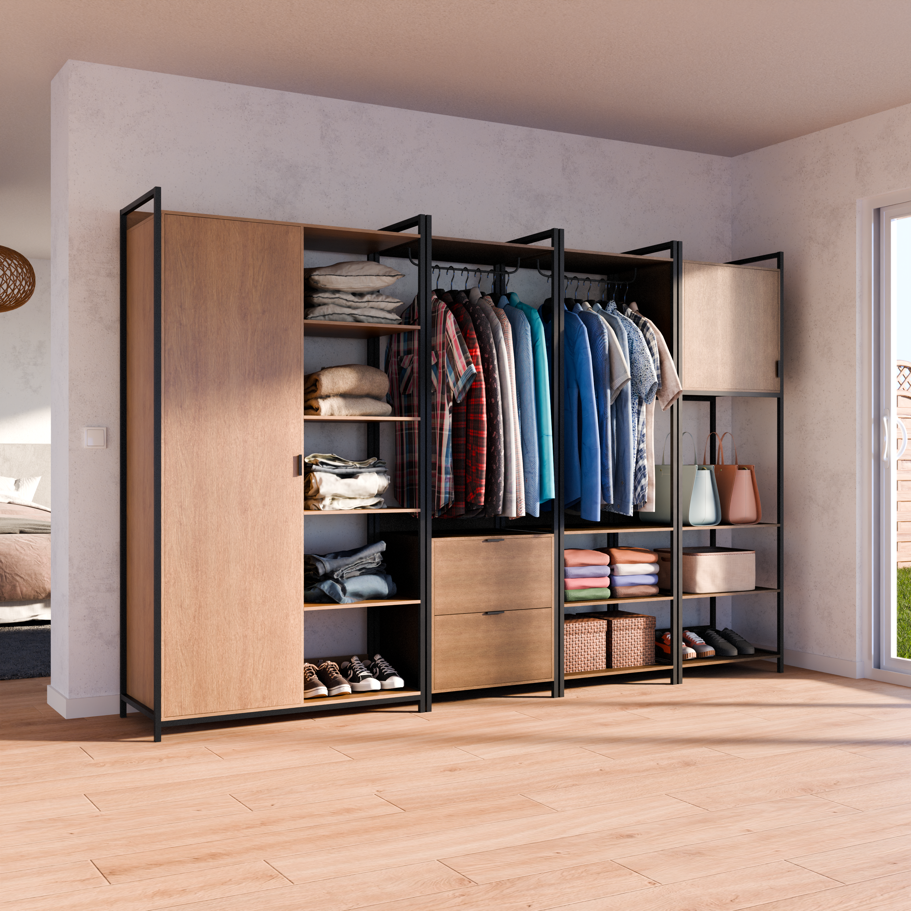 Kit de vestidor modular con 4 elementos, Clever, Negro, 280x48x190 cm Photo1