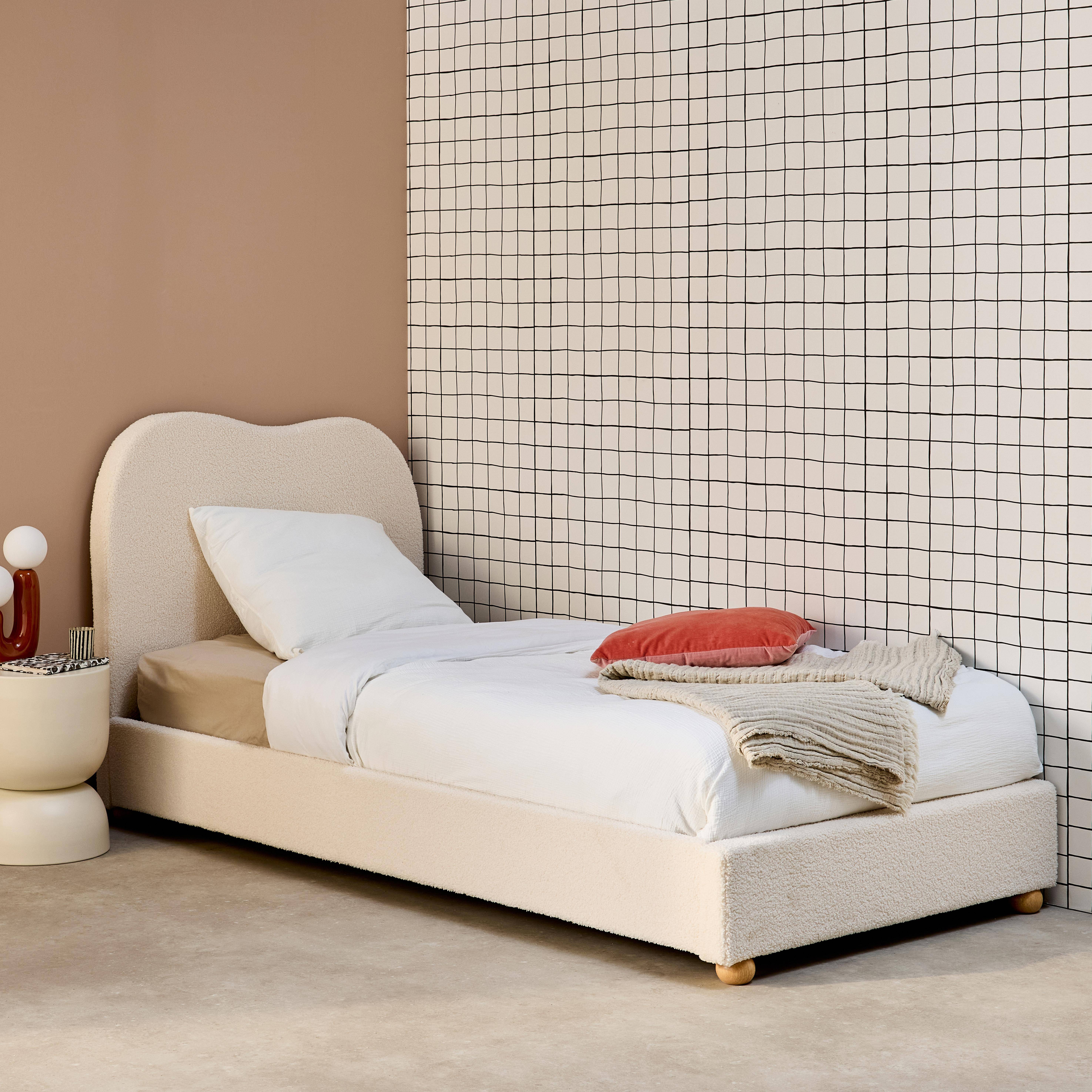 Cama com estrado de ripas e cabeceira, branca com arrumação em boucle, Aaron, Branco, 204x98x96.5 cm Photo2