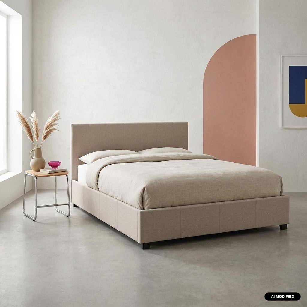 Bed met lattenbodem en hoofdeinde, afgewerkt met beige stof, B 202 x D 148 x H 86cm Photo1
