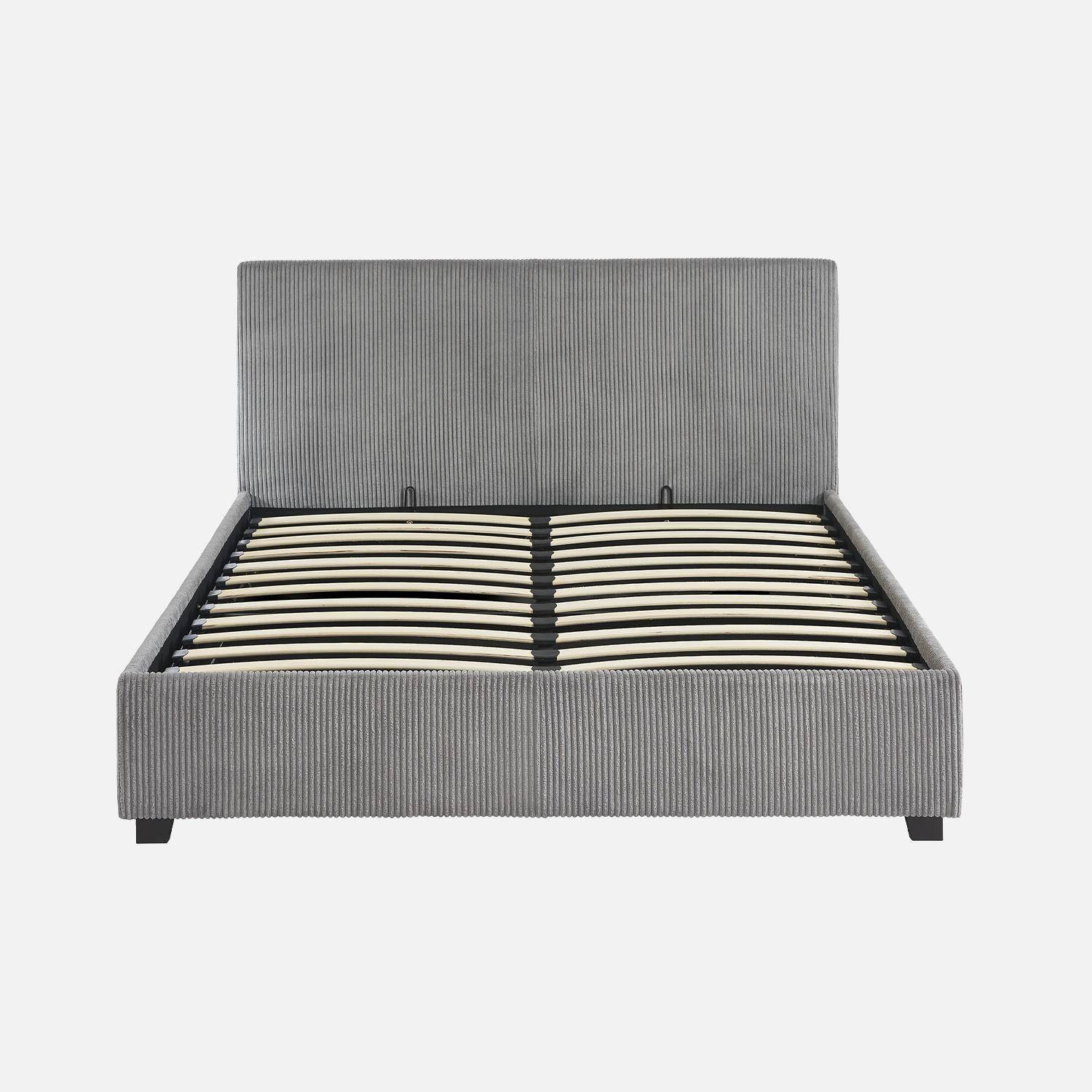 Lit coffre avec sommier à lattes et tête de lit, finition velours côtelé gris, L 202 x P 148 x H 86cm,sweeek,Photo4