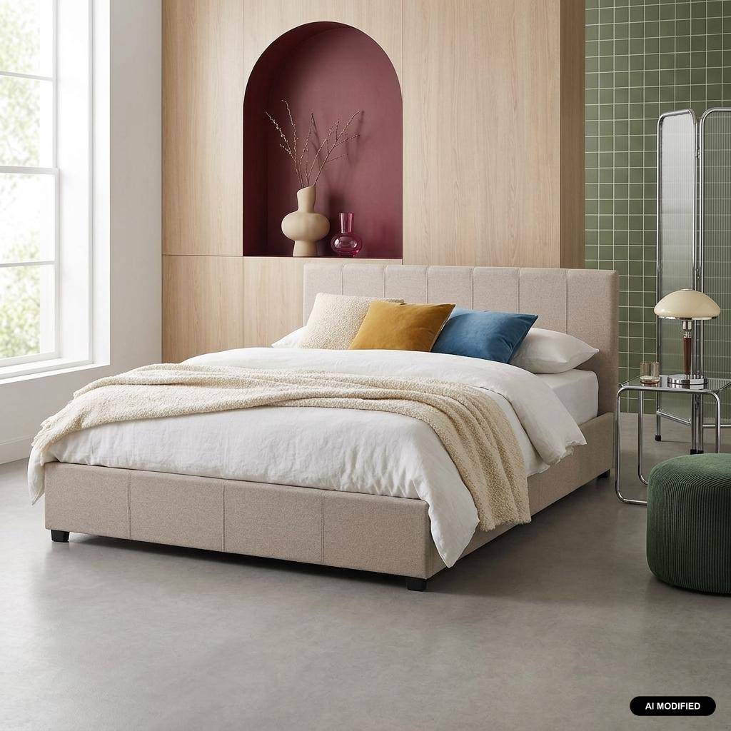 Lit coffre avec sommier à lattes et tête de lit, finition tissu beige, L211 x P168 x H86cm,sweeek,Photo1