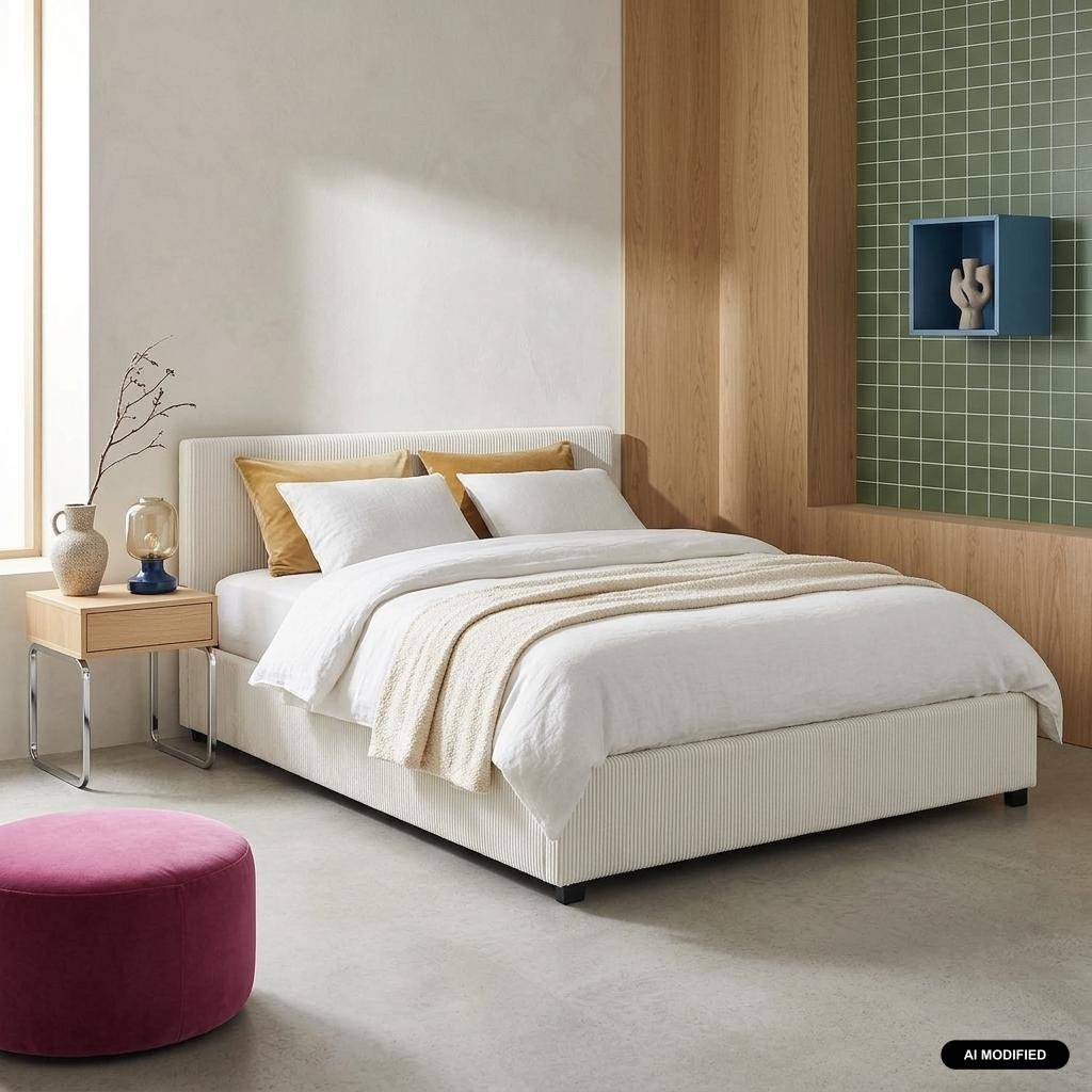 Cama con somier abatible y cabecero 160x200cm, acabado en pana fina Blanco - 211x168x86 cm Photo1