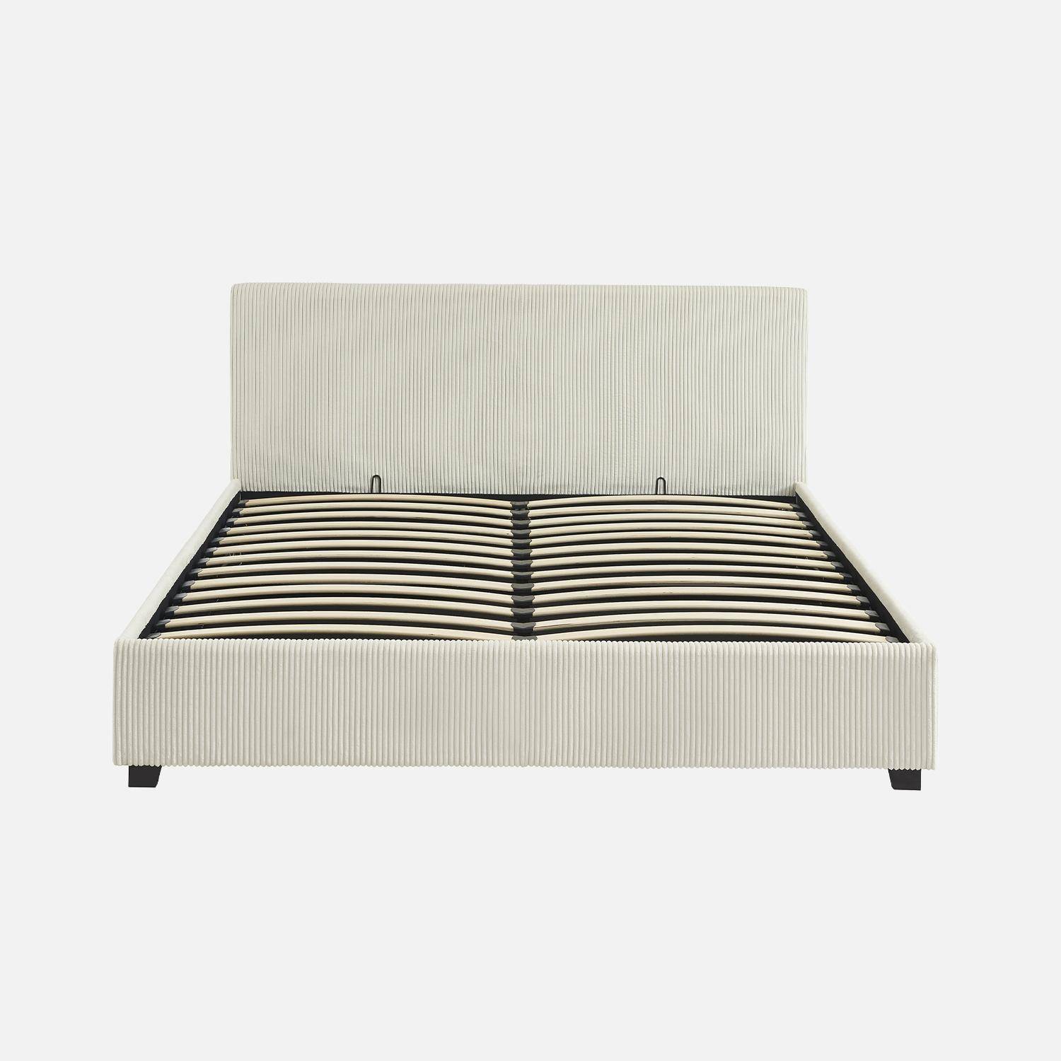 Cama con somier abatible y cabecero 160x200cm, acabado en pana fina Blanco - 211x168x86 cm,sweeek,Photo4