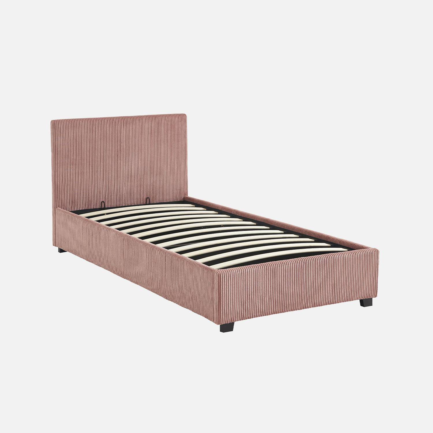 Cama con somier abatible y cabecero 90cm, acabado en pana fina, Avalon, Rosa, 202x97.5x86 cm Photo2