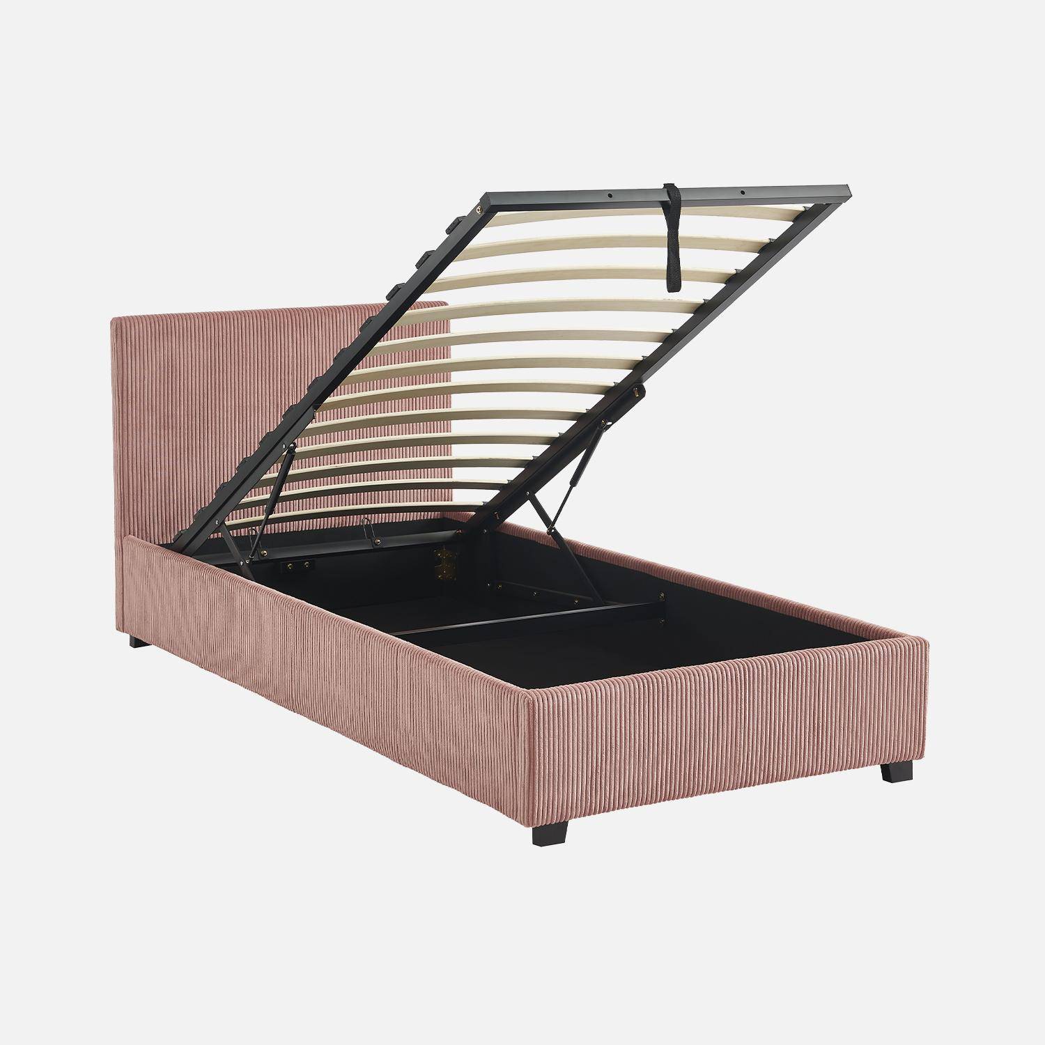Cama con somier abatible y cabecero 90cm, acabado en pana fina, Avalon, Rosa, 202x97.5x86 cm Photo1