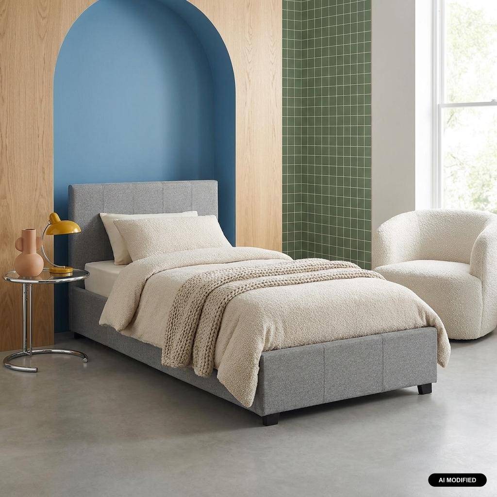 Bed met lattenbodem en hoofdeinde, afgewerkt met lichtgrijze stof, B 202 x D 97,5 x H 86cm Photo1