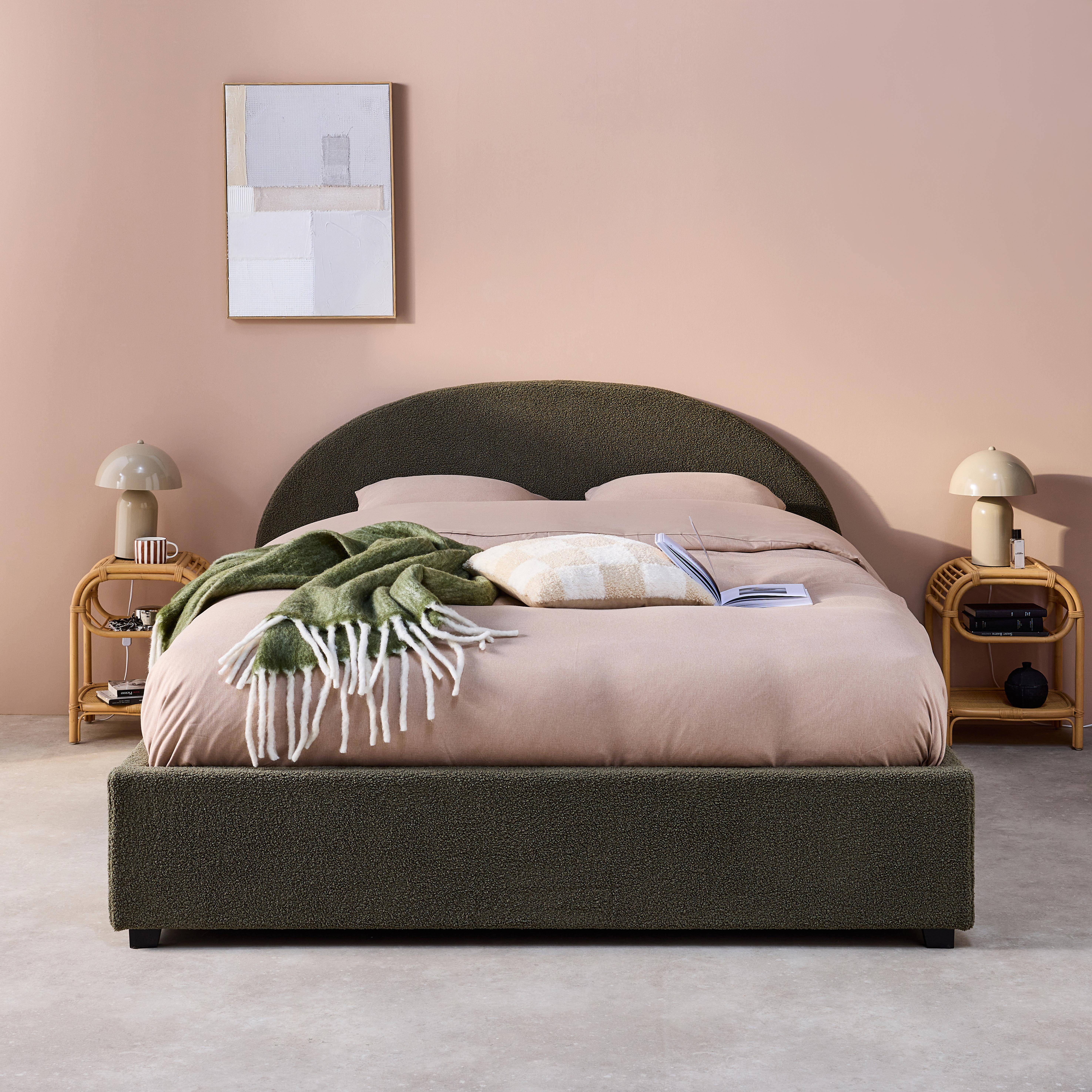 Struttura letto con contenitore e testiera 140cm, imbottita bouclé, Cameron, Verde kaki, 206x153.5x102 cm Photo1
