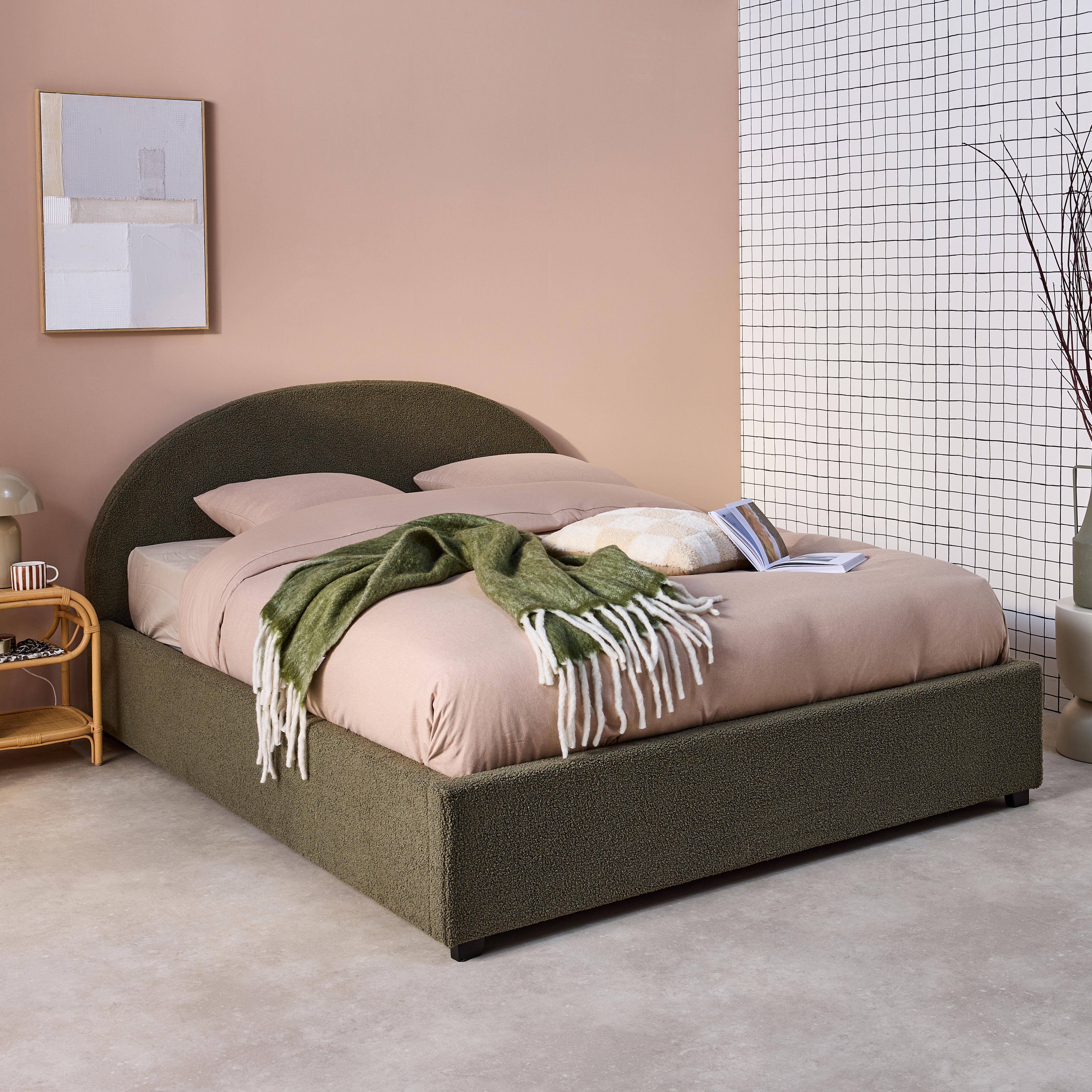 Struttura letto con contenitore e testiera 140cm, imbottita bouclé, Cameron, Verde kaki, 206x153.5x102 cm Photo2