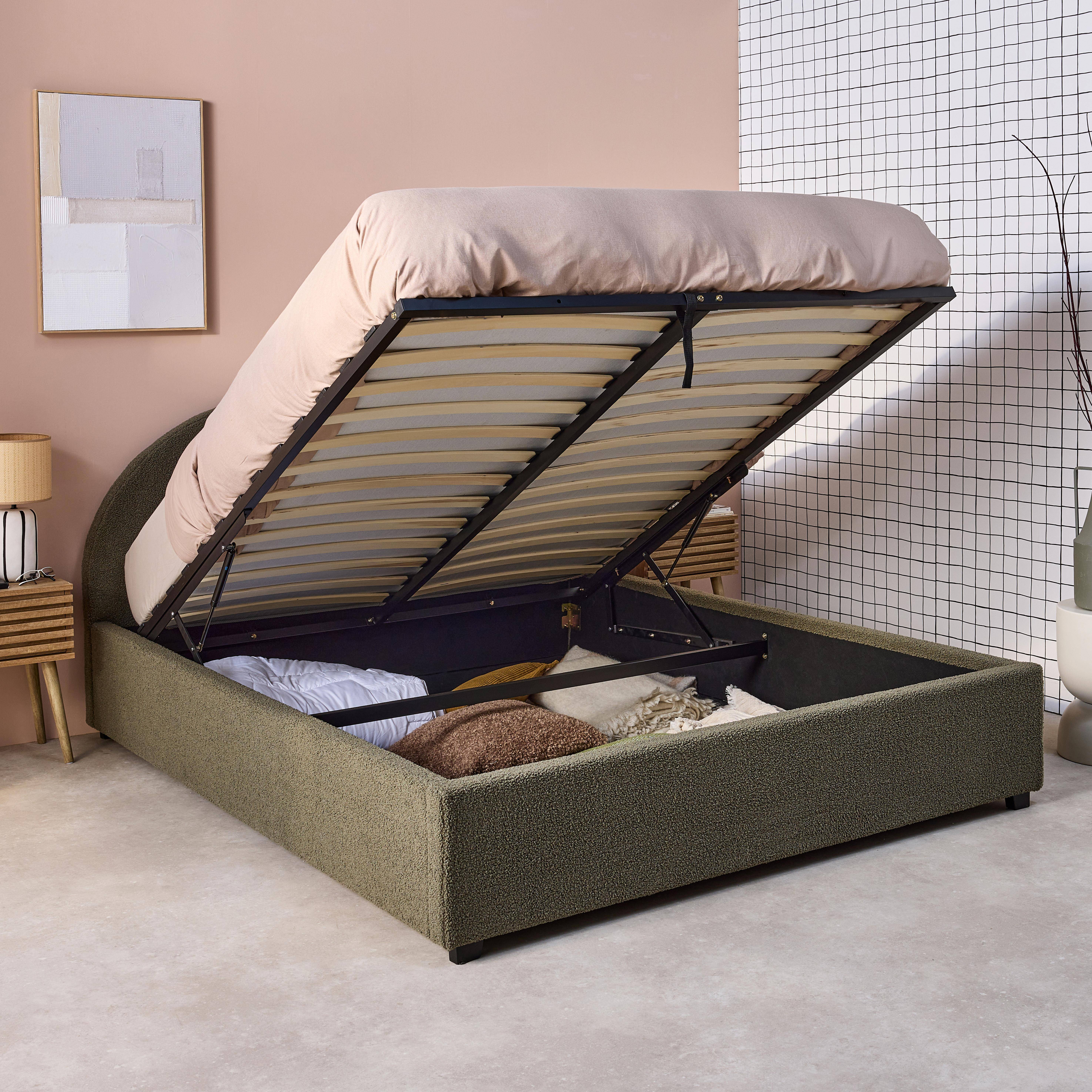 Cama con somier abatible y cabecero 160cm, acabado en borreguito, Cameron, Verde kaki, 216.5x174x102 cm,sweeek,Photo2