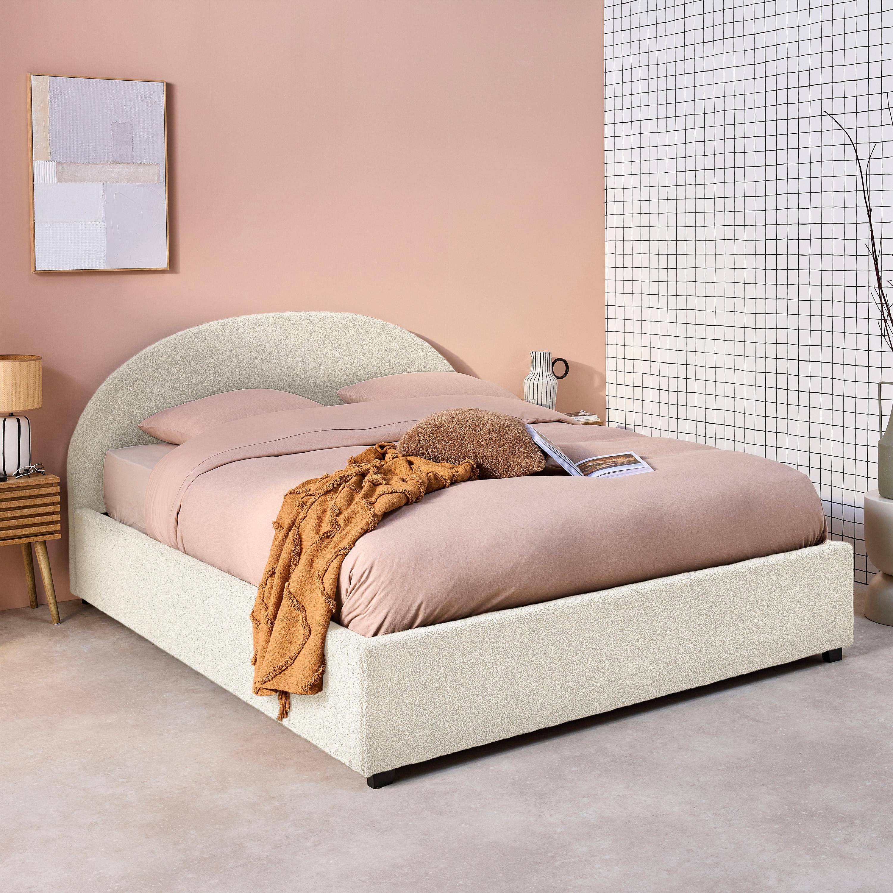 Lit coffre avec sommier à lattes et tête de lit, finition bouclette, blanc, L216.5 x P174 x H102cm,sweeek,Photo2