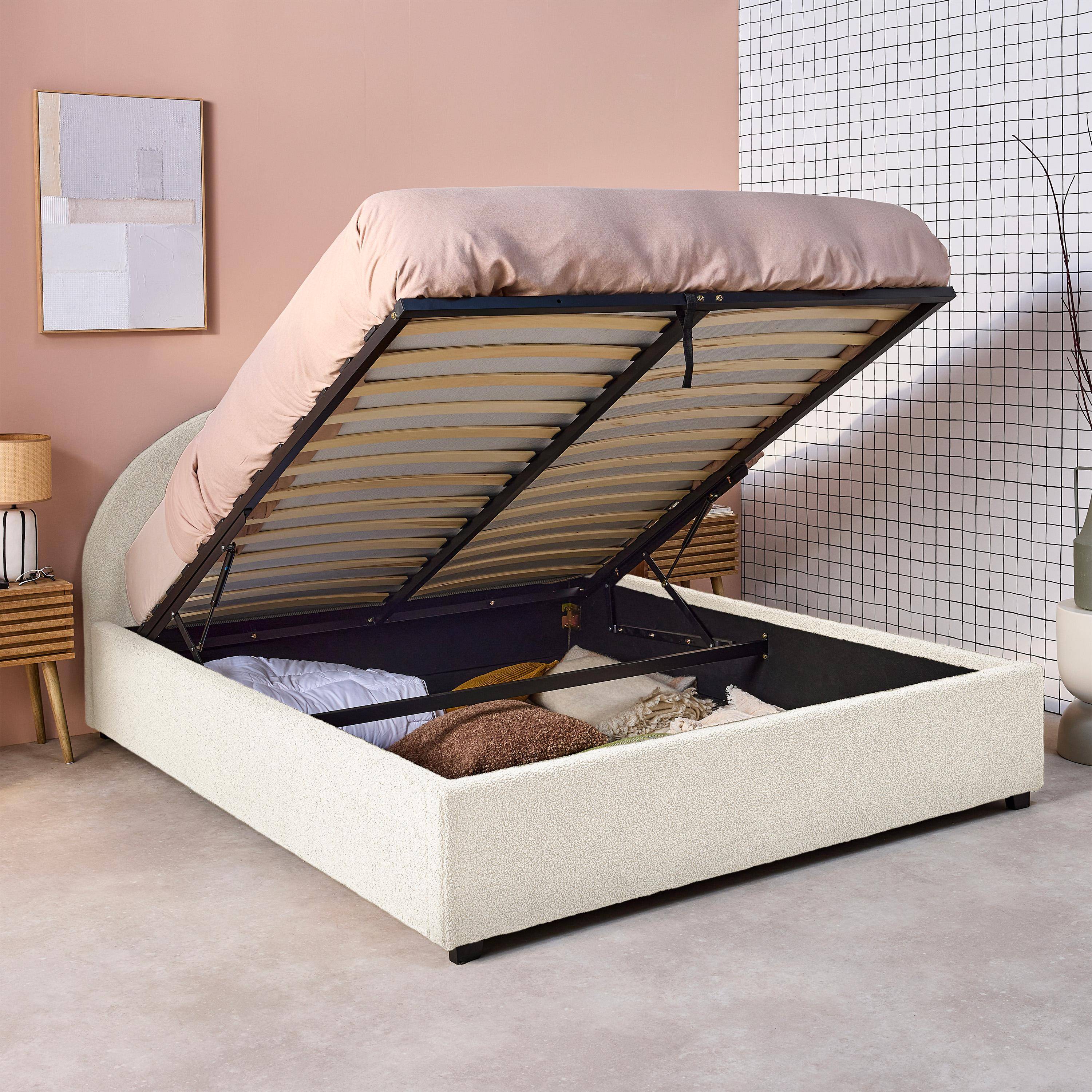 Lit coffre avec sommier à lattes et tête de lit, finition bouclette, blanc, L216.5 x P174 x H102cm,sweeek,Photo3