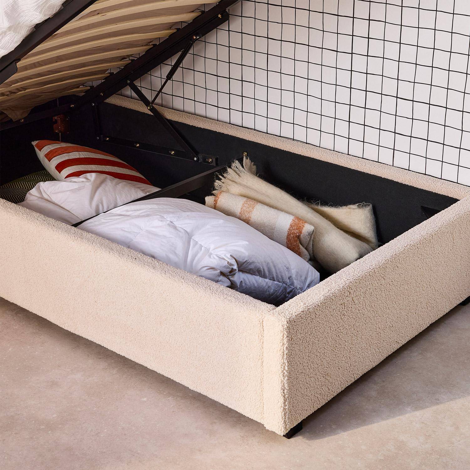 Bed met lattenbodem en hoofdeinde, bouclé afwerking, nude, B 206 x D 104 x H 102cm Photo4