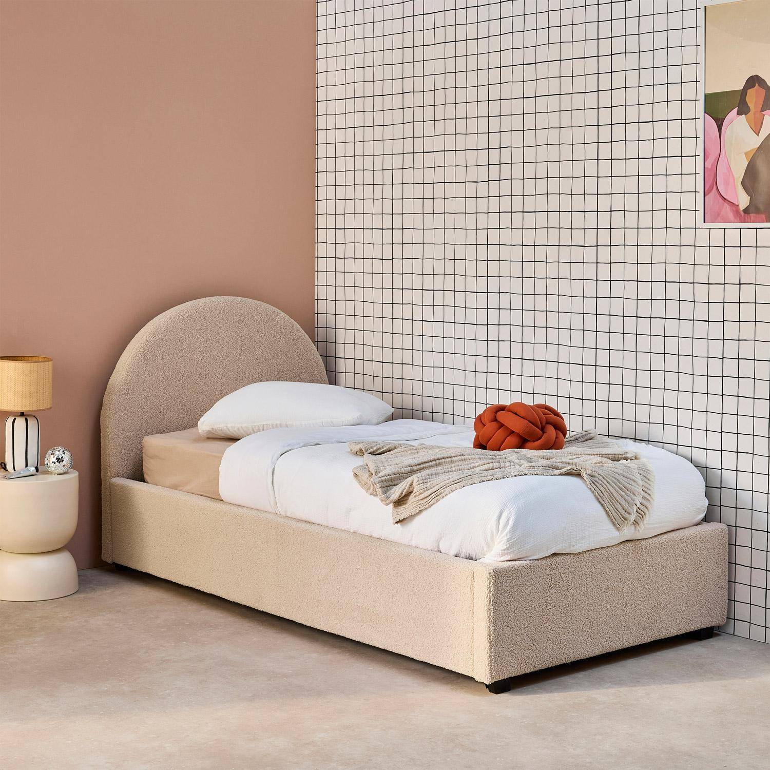 PUGSDRLY Bed 90 x 200 cm, met lattenbodem, eenpersoonsbed met gevoerde kop, linnenstof, design klinknagels, houten poten, voor kinderen, jongeren, volwassenen, zonder matras, beige
