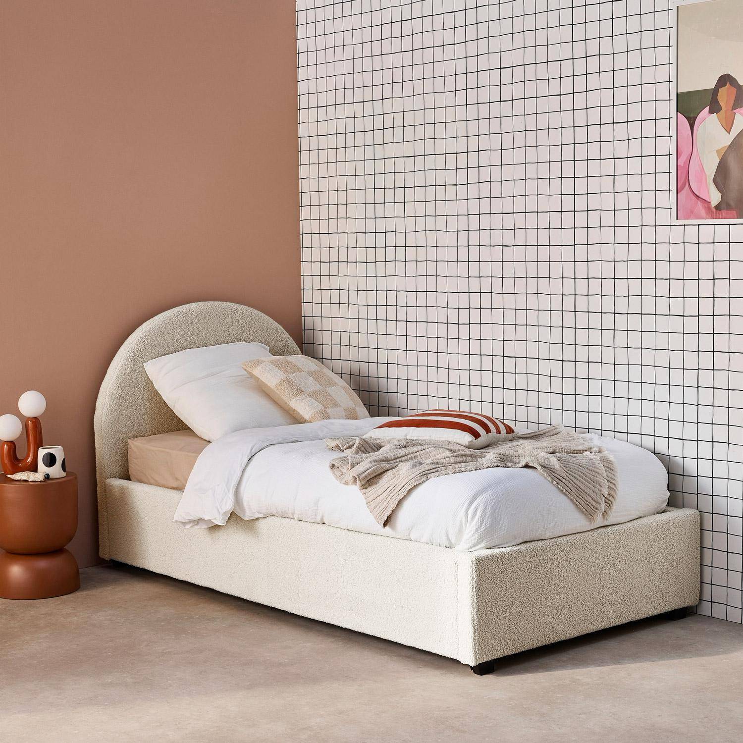 Bed met lattenbodem en hoofdeinde, bouclé afwerking, wit, B 206 x D 104 x H 102cm,sweeek,Photo2