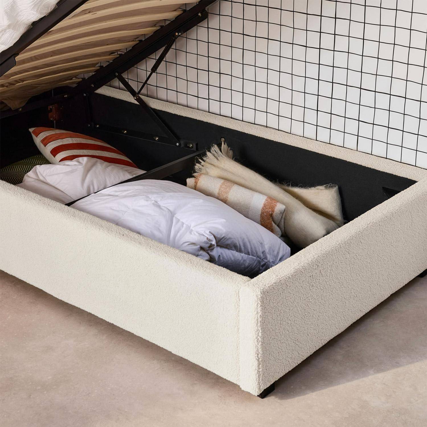 Bed met lattenbodem en hoofdeinde, bouclé afwerking, wit, B 206 x D 104 x H 102cm,sweeek,Photo4