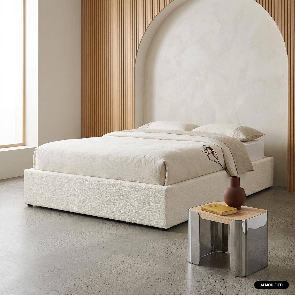 Bed met lattenbodem en hoofdeinde, bouclé afwerking, wit, B 204 x D 148 x H 32cm Photo1