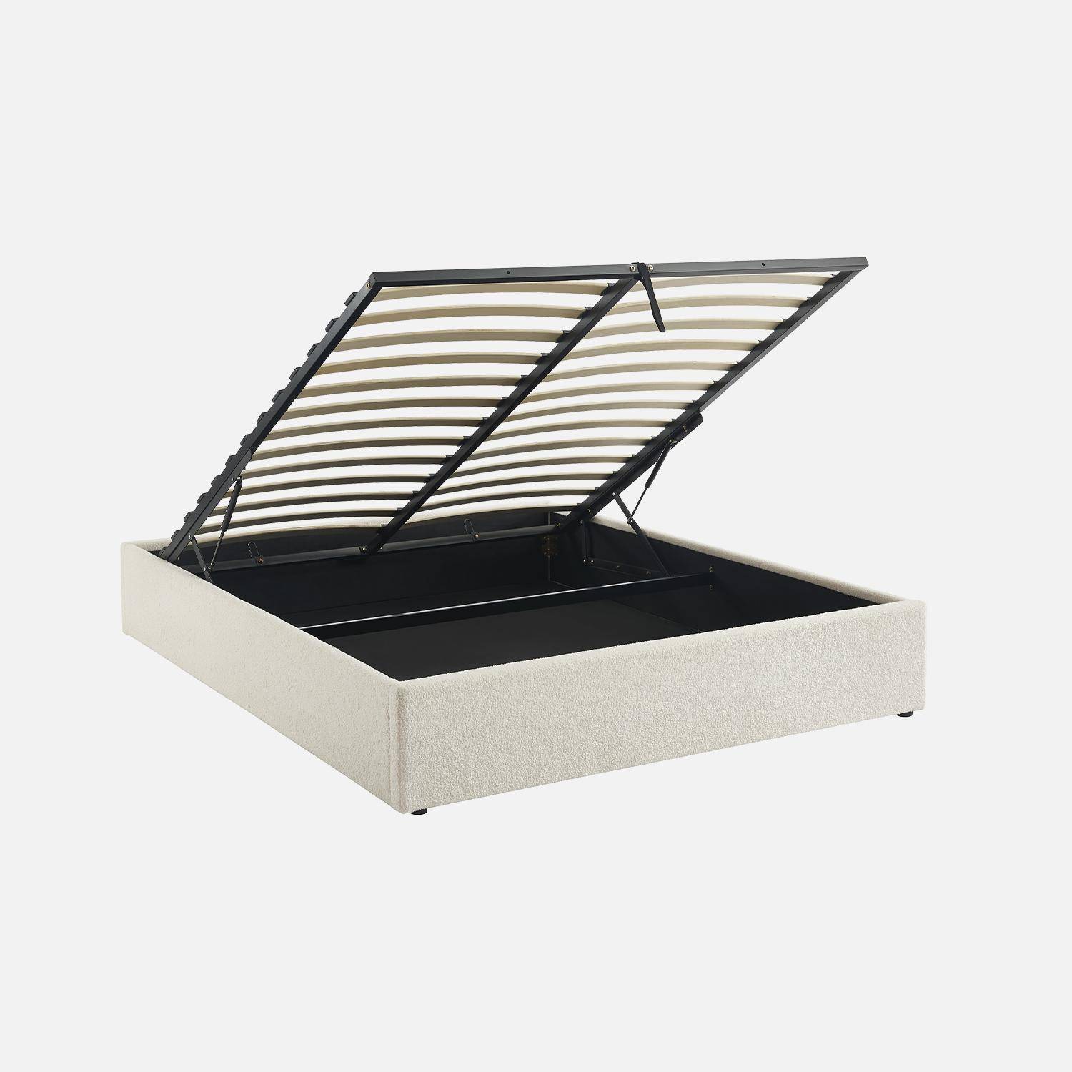 Struttura letto con contenitore e rete a doghe, imbottita bouclé bianco, Bianco