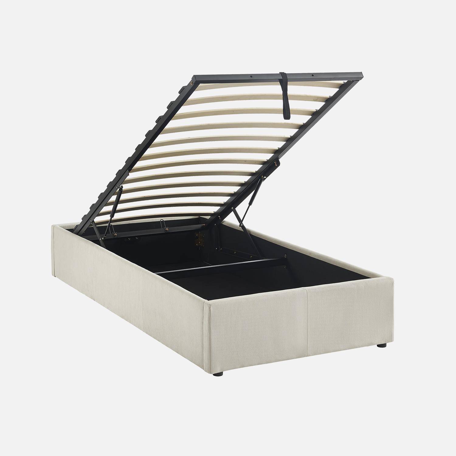 Cama con somier abatible 90x190cm, acabado en pana fina Blanco - 203x97x32 cm,sweeek,Photo2