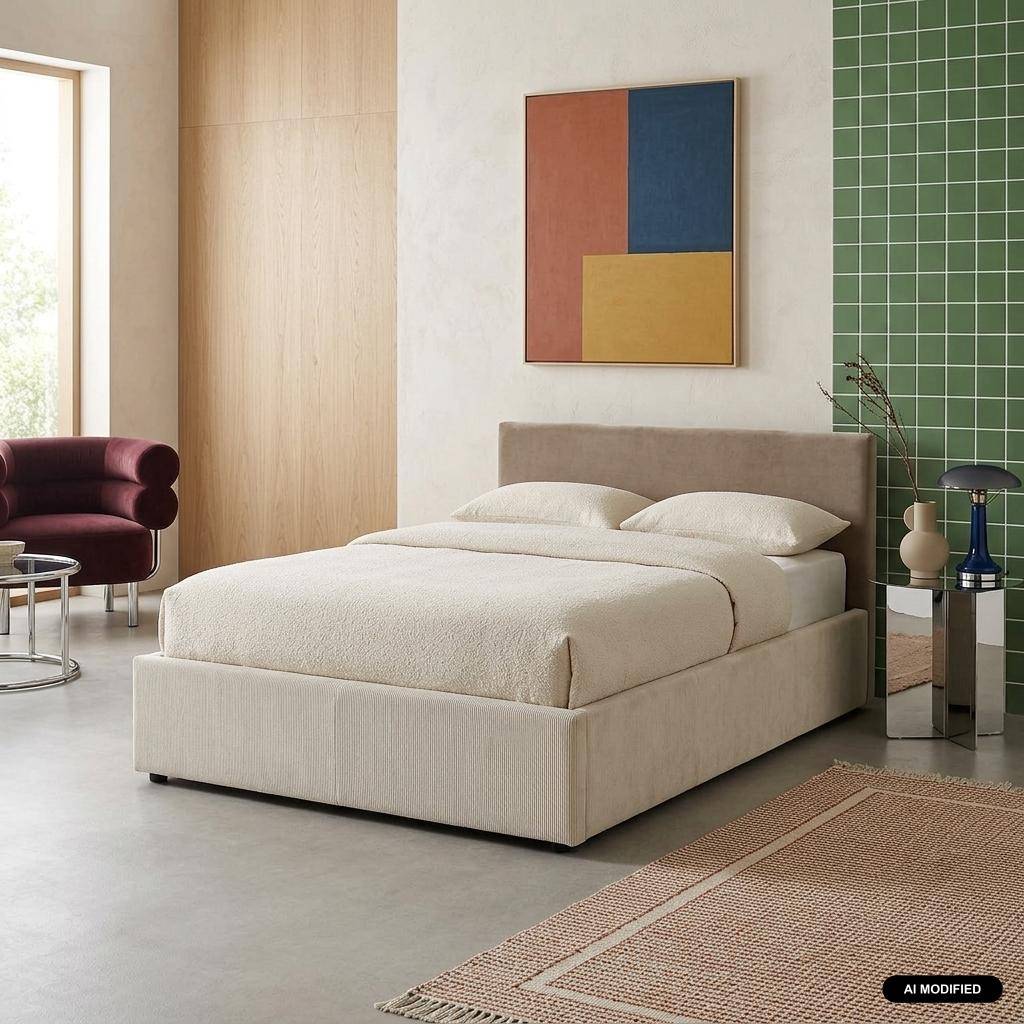 Cama con somier abatible 90x190cm, acabado en pana fina Blanco - 203x97x32 cm Photo1