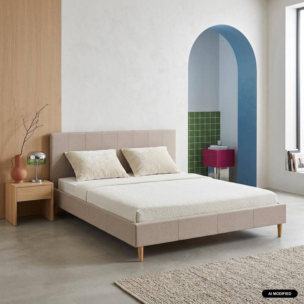 Bett mit Lattenrost und Kopfteil, Stoffbezug beige B 211 x T 167.5 x H 89 cm - Marlon,sweeek,Photo1