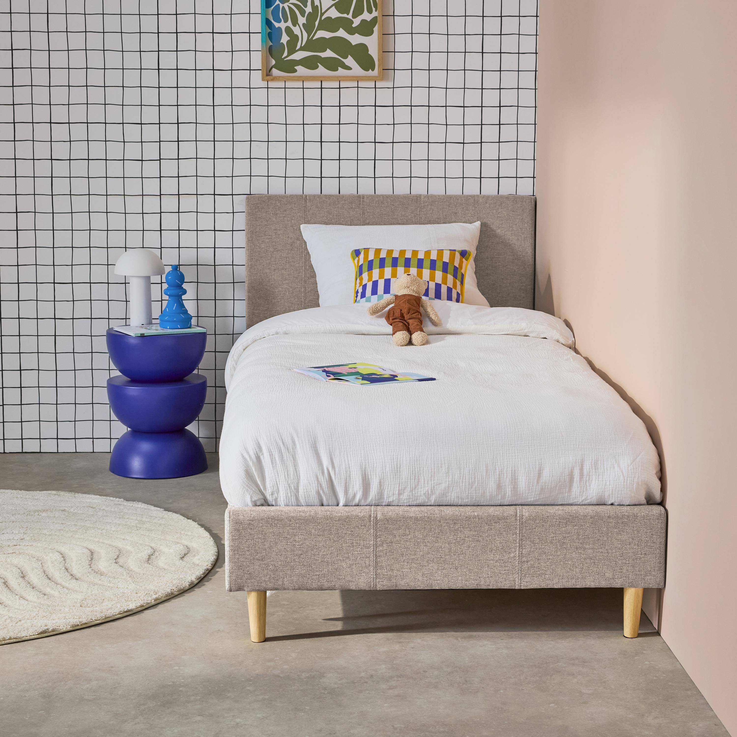 Lit avec sommier à lattes et tête de lit, finition tissu, beige, L 202 x P 96 x H 88cm Photo3
