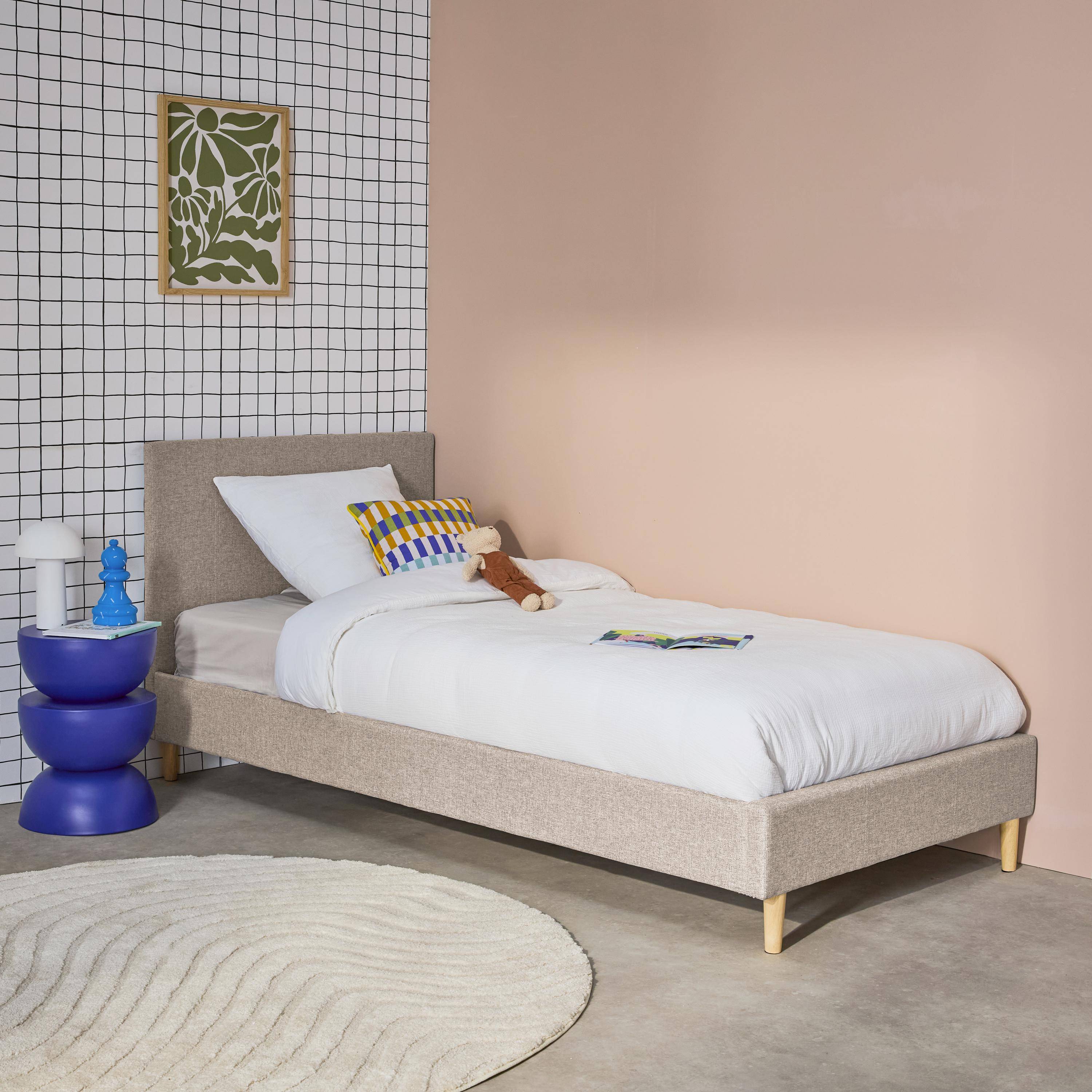 Lit avec sommier à lattes et tête de lit, finition tissu, beige, L 202 x P 96 x H 88cm Photo2