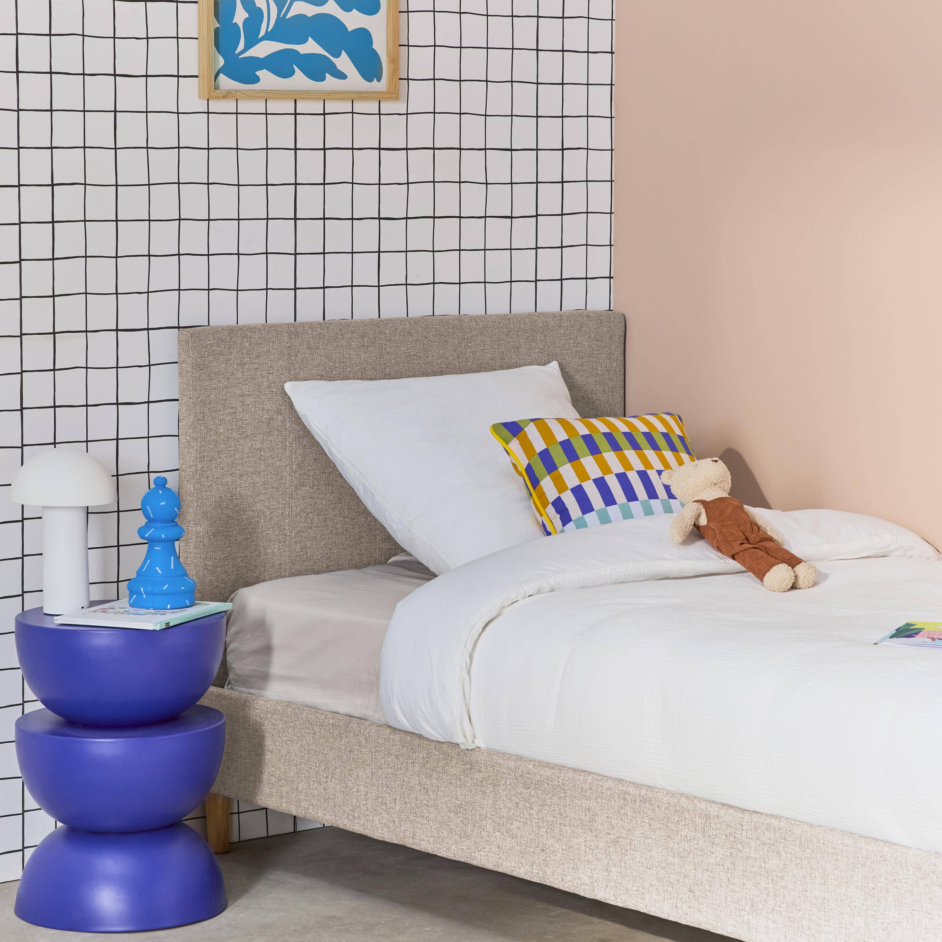 Lit avec sommier à lattes et tête de lit, finition tissu, beige, L 202 x P 96 x H 88cm Photo1