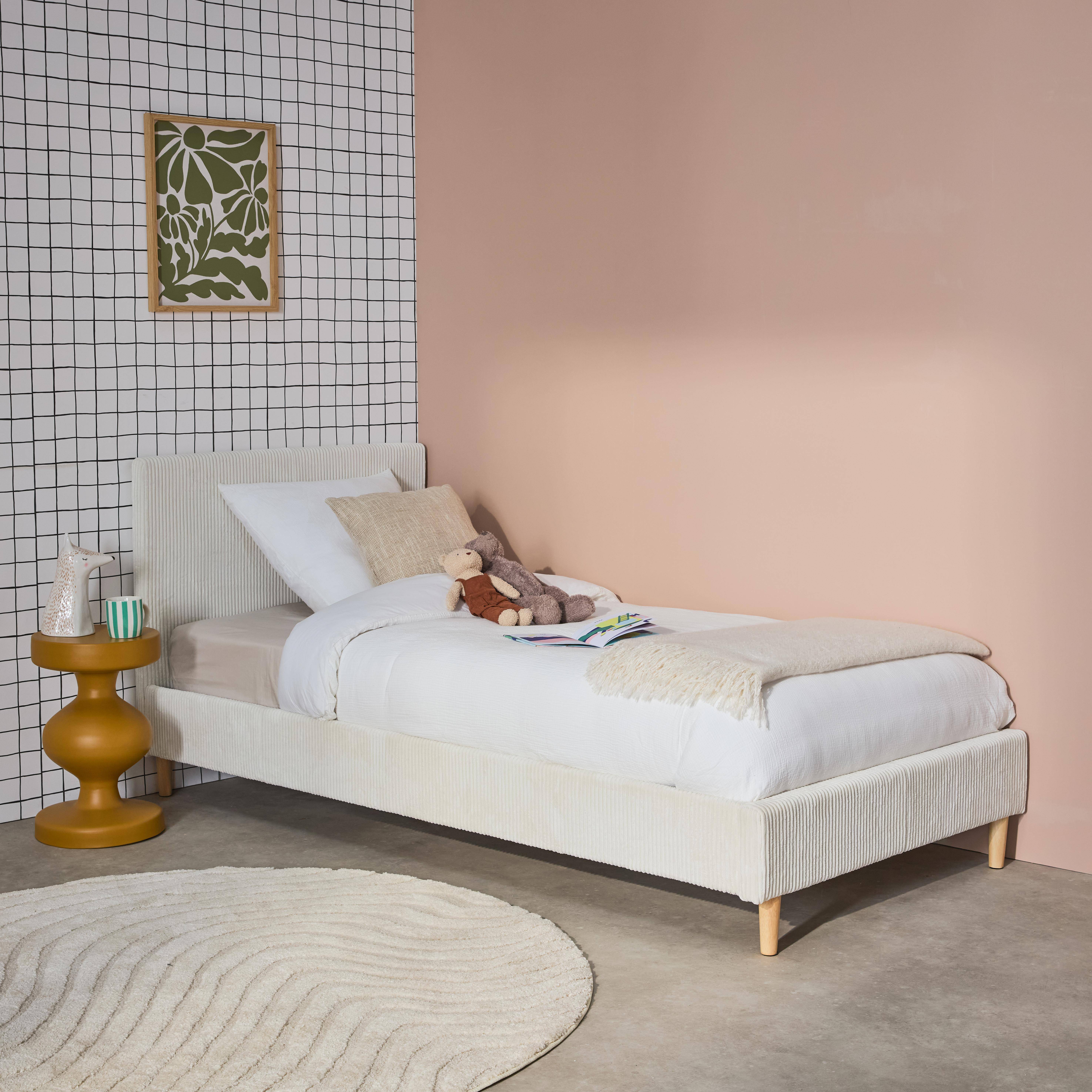 Lit avec sommier à lattes et tête de lit, L 202 x P 96 x H 88cm, blanc, finition velours côtelé (grosse côte) Photo2