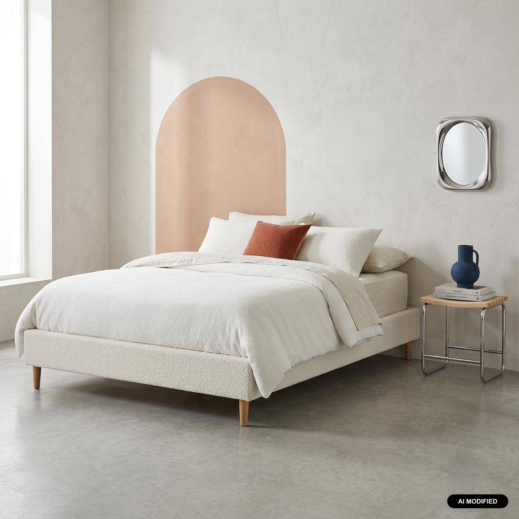 Bed met lattenbodem, bouclé afwerking, wit, B 203 x D 148 x H 30cm Photo1