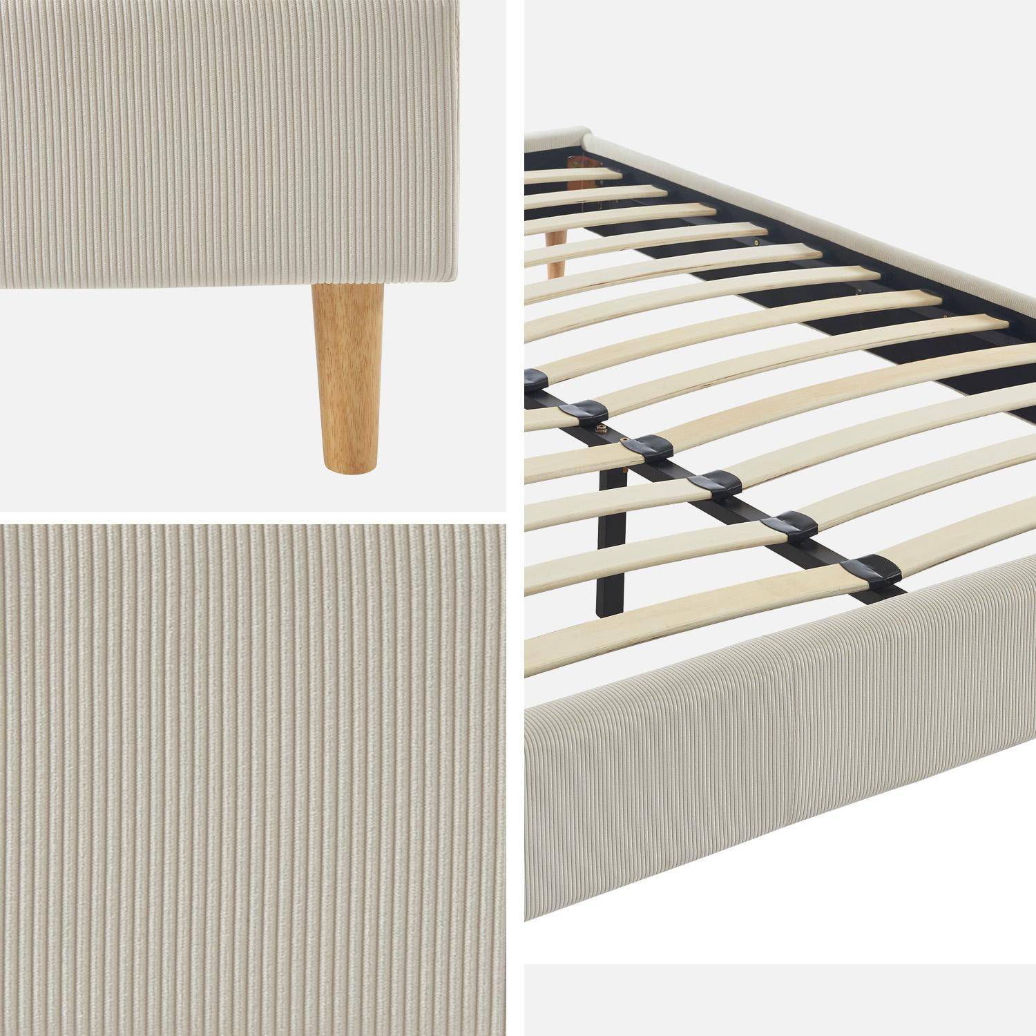 Cama con somier 140cm, acabado en pana fina, Milton, Blanco, 203x148x30 cm Photo3