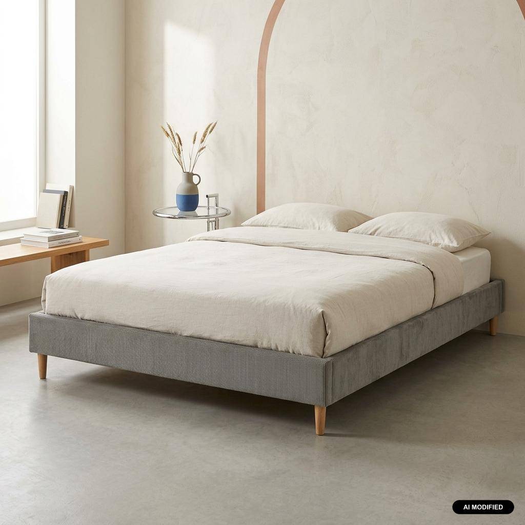 Cama tapizada en pana fina, 160x200cm, con somier, Milton, Gris, 213x167.5x30 cm Photo1