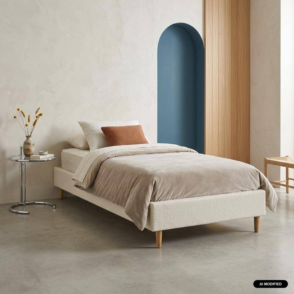 Struttura letto con rete a doghe, finitura bouclé, bianco, Milton, Bianco, 203x96.5x30 cm Photo1