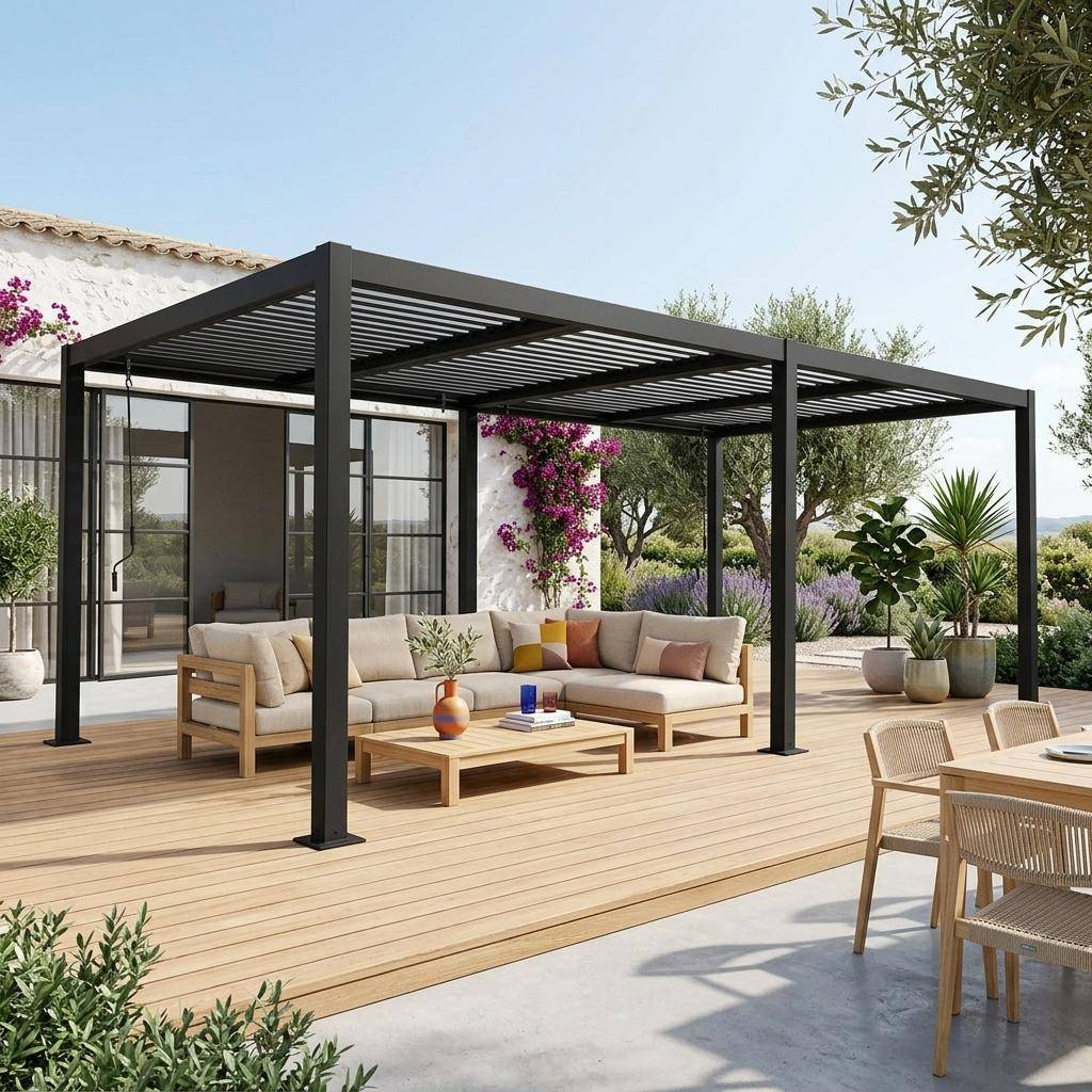 Pergola bioclimatica 3x6m in alluminio e acciaio, lamelle orientabili Nero - 574x292x231 cm Photo1