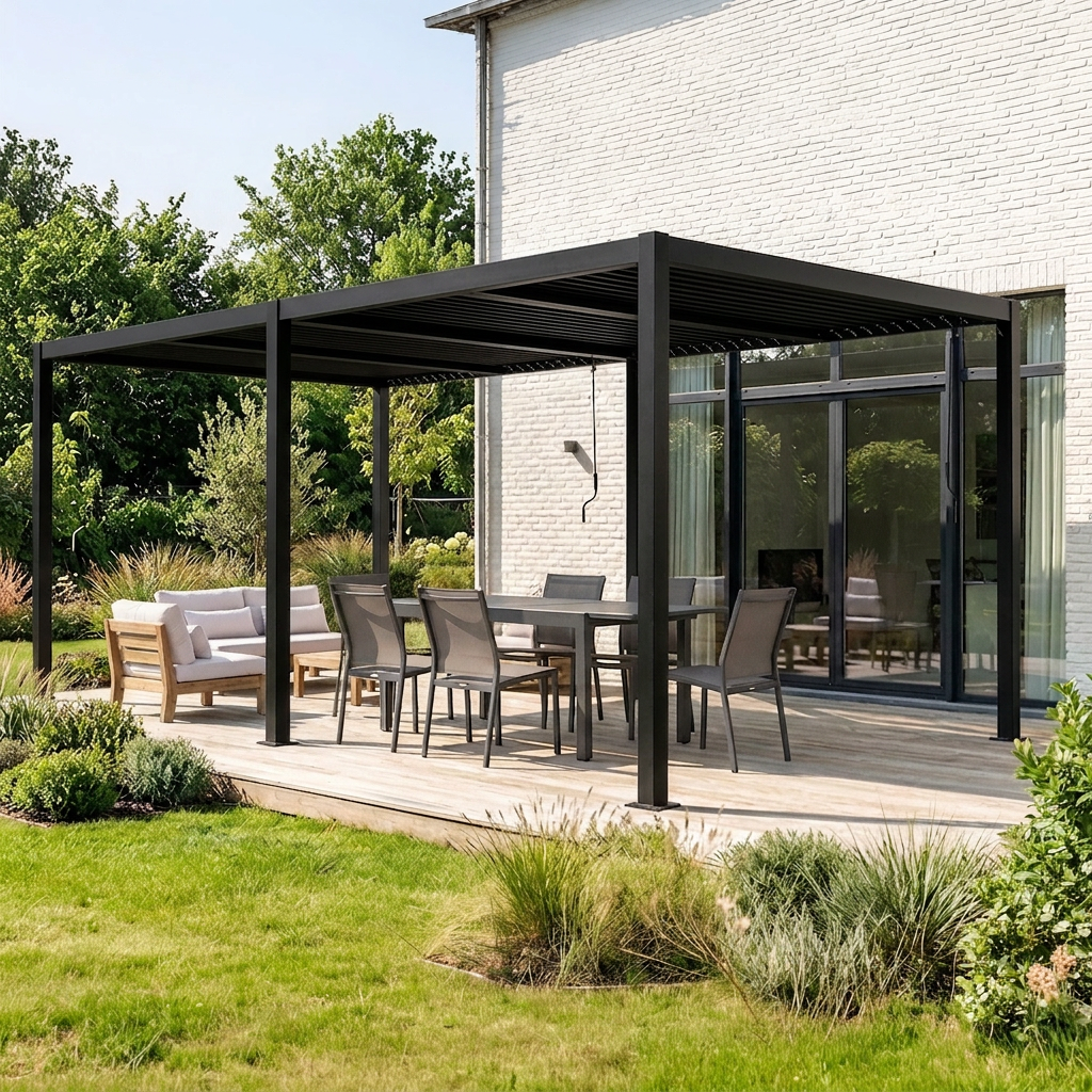 Louvered pergola aluminium and steel 6 x 3m black - Palace Photo1